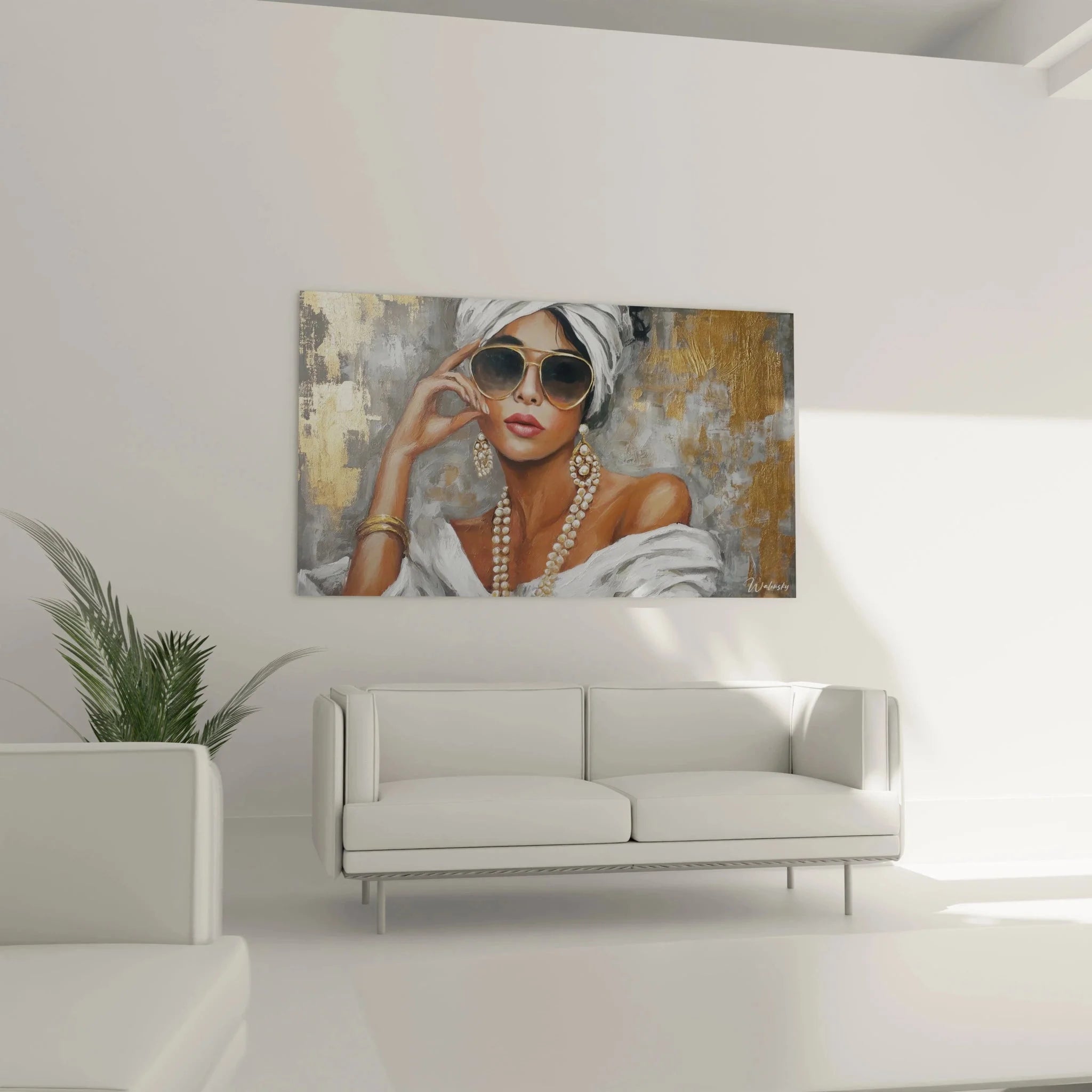 Nahaufnahme Wandbild glamouröse Dame mit Aviator Sonnenbrille und weißem Turban - Premium Leinwandkunst