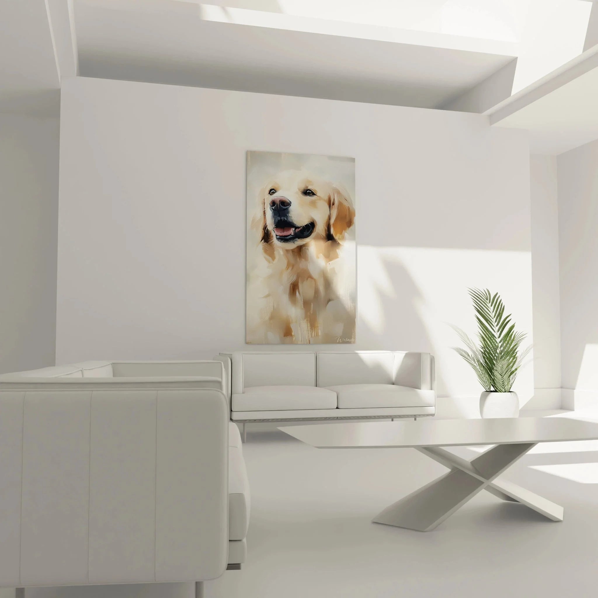 Nahaufnahme Golden Retriever Leinwandbild - Detailreiche Hundeportrait Wandkunst mit Lächeln