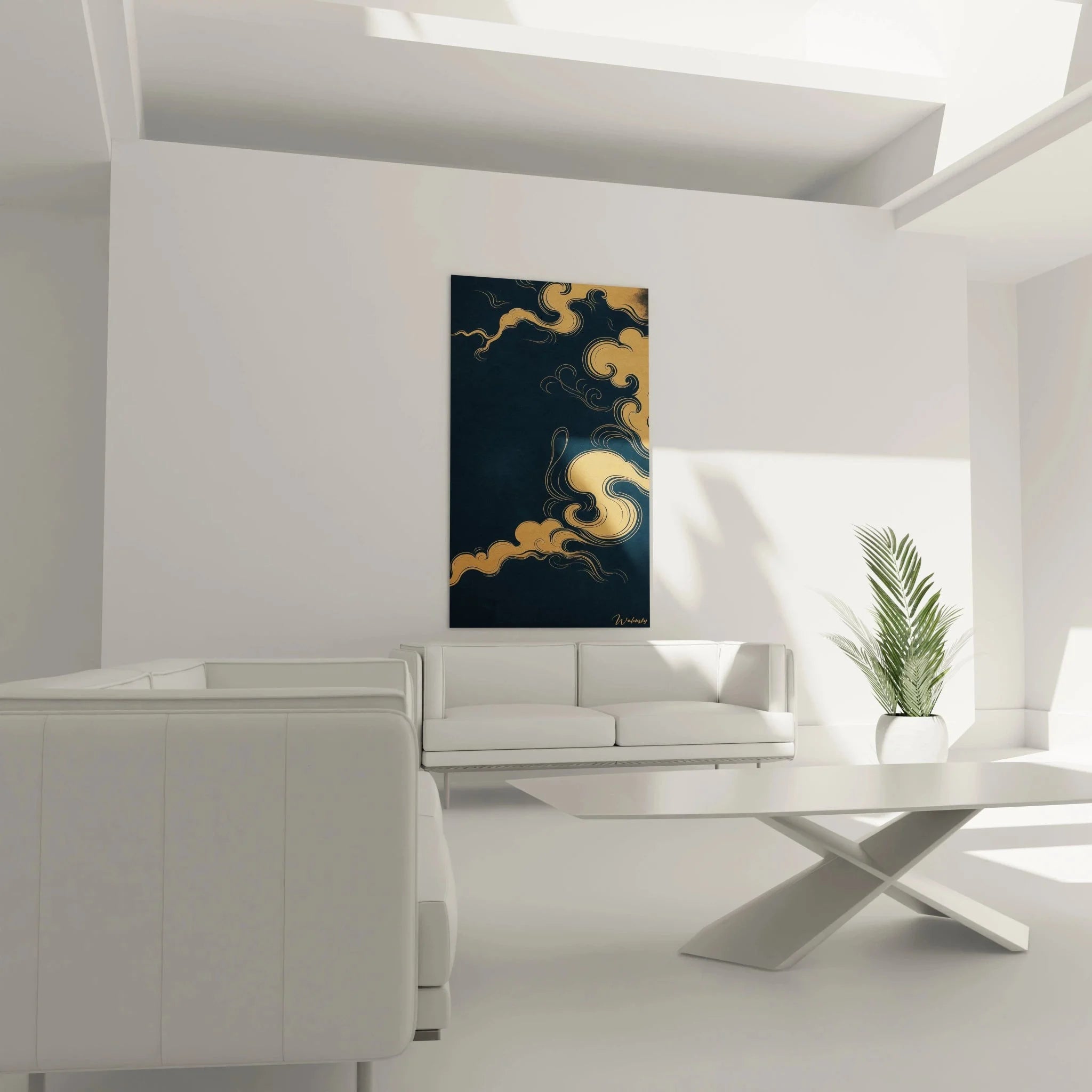 Nahaufnahme goldener japanischer Wolkenformationen, detaillierte asiatische Linienführung und Kalligrafie