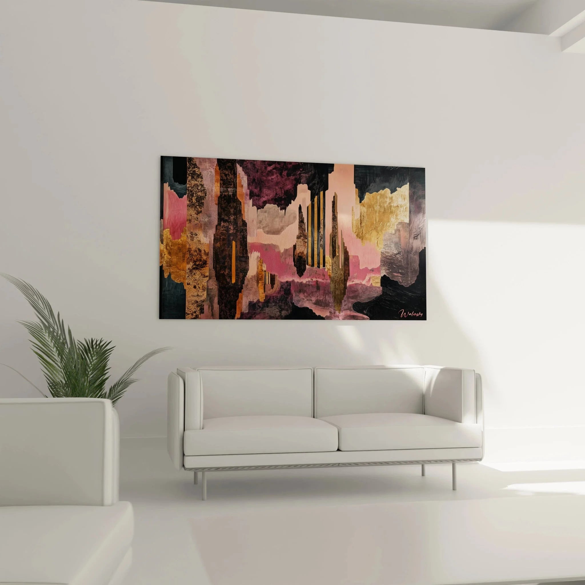 Nahaufnahme der goldenen und rosa Texturen des abstrakten Wandbildes - Malerei-Optik