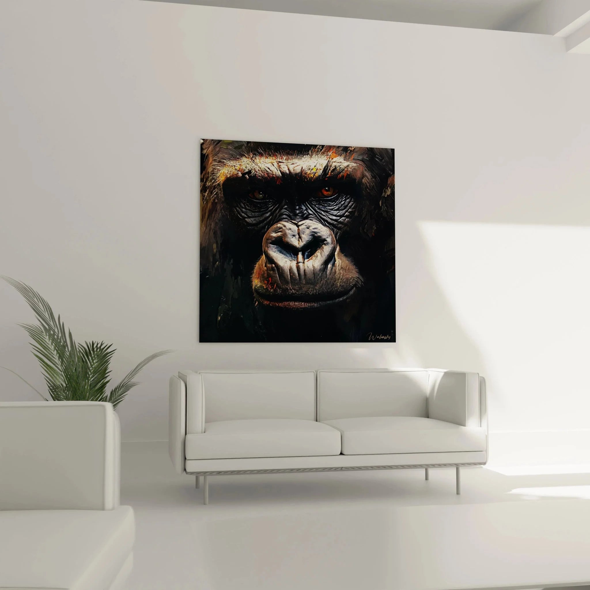 Detailaufnahme Wandbild denkender Gorilla mit ausdrucksstarken Augen und Fellstruktur