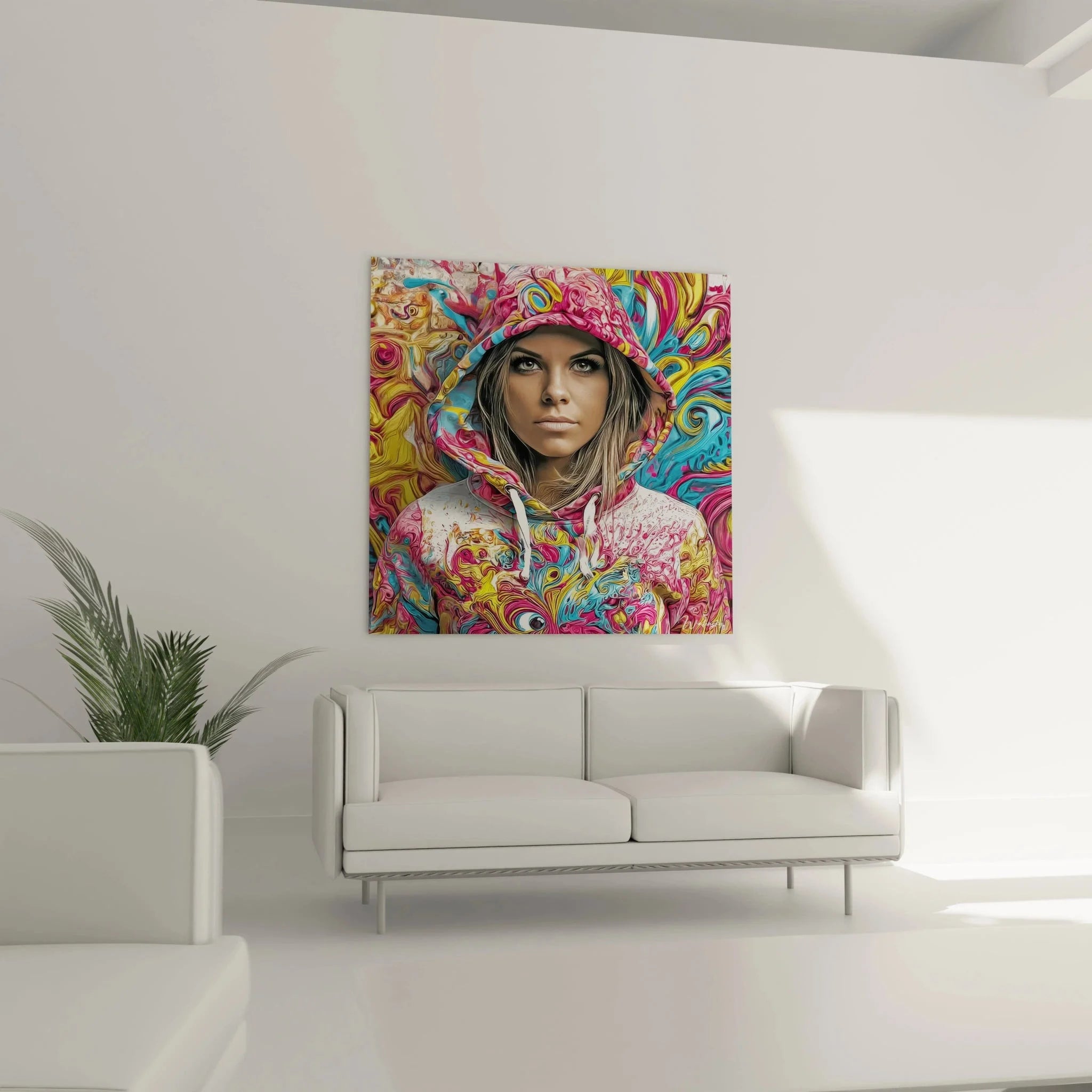 Nahaufnahme Wandbild Detail bunte Hoodie Muster psychedelische Streetart Farbwirbel