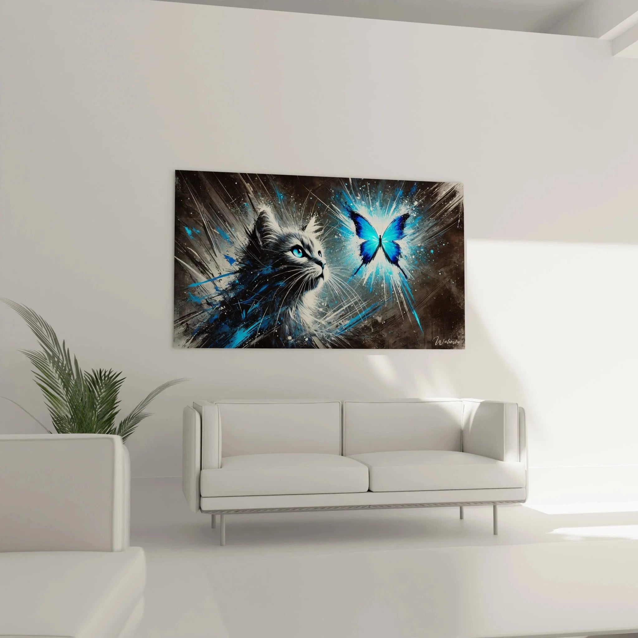 Nahaufnahme Katzenaugen blau - Detailansicht mystisches Katzenbild mit Schmetterling Wandkunst