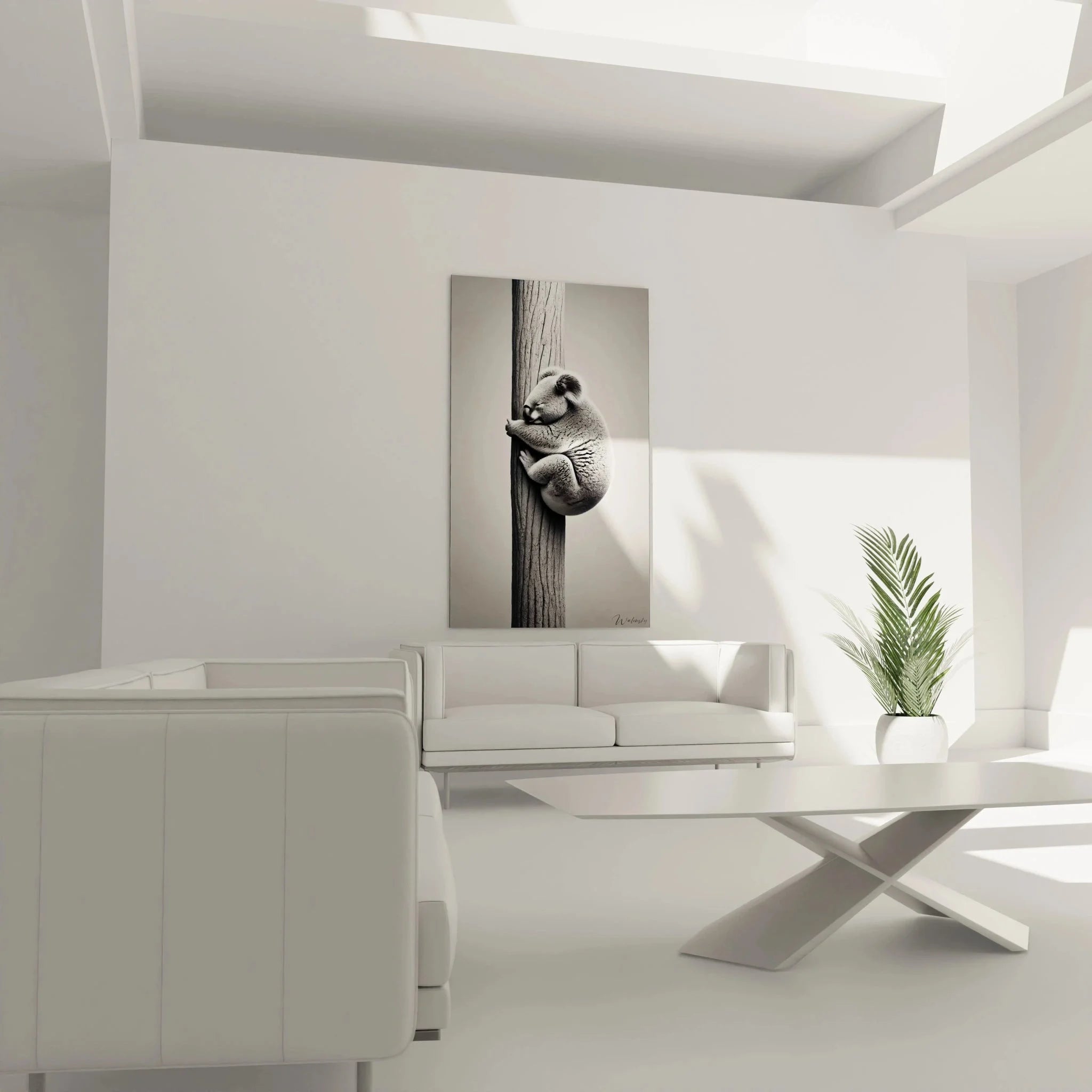 Nahaufnahme Koala Wandbild - detaillierte Darstellung von Koala Fell und Baumrinde Textur in Grautönen