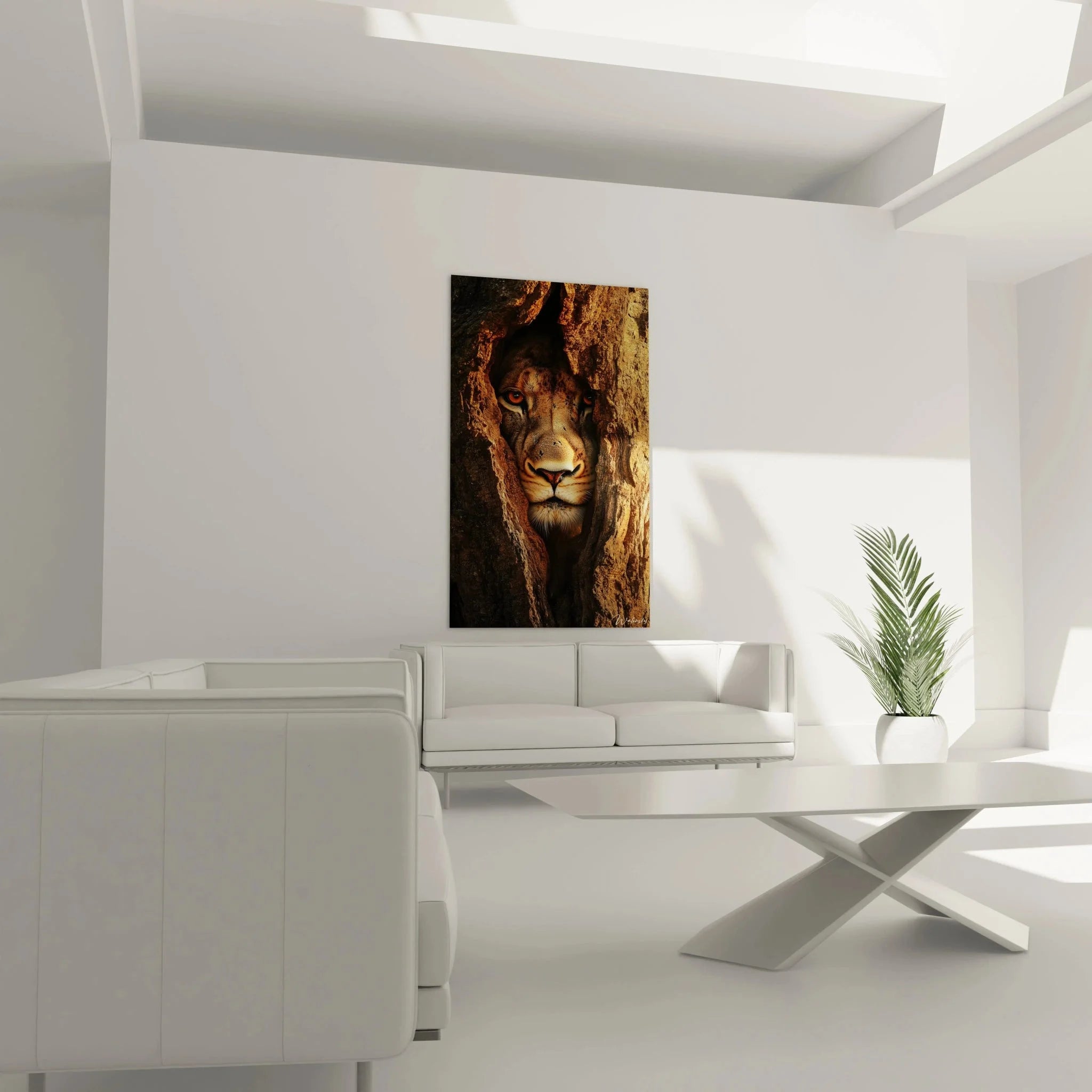 Nahaufnahme Löwe Wandkunst - detailreiche Darstellung der Löwenaugen und Mähne im Holzstamm