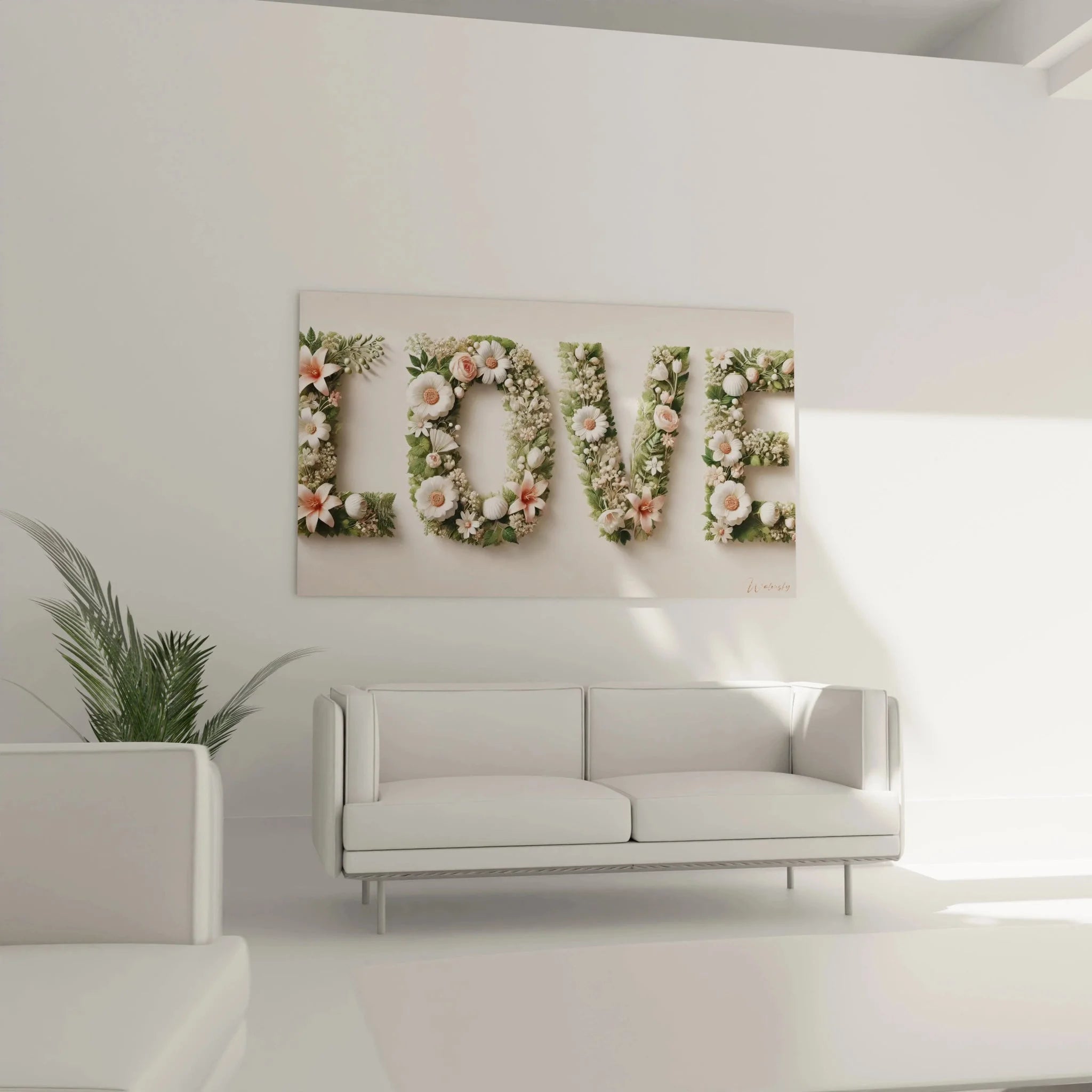 Nahaufnahme Wandbild LOVE Blumenbuchstaben - Details der floralen Gestaltung mit Rosen