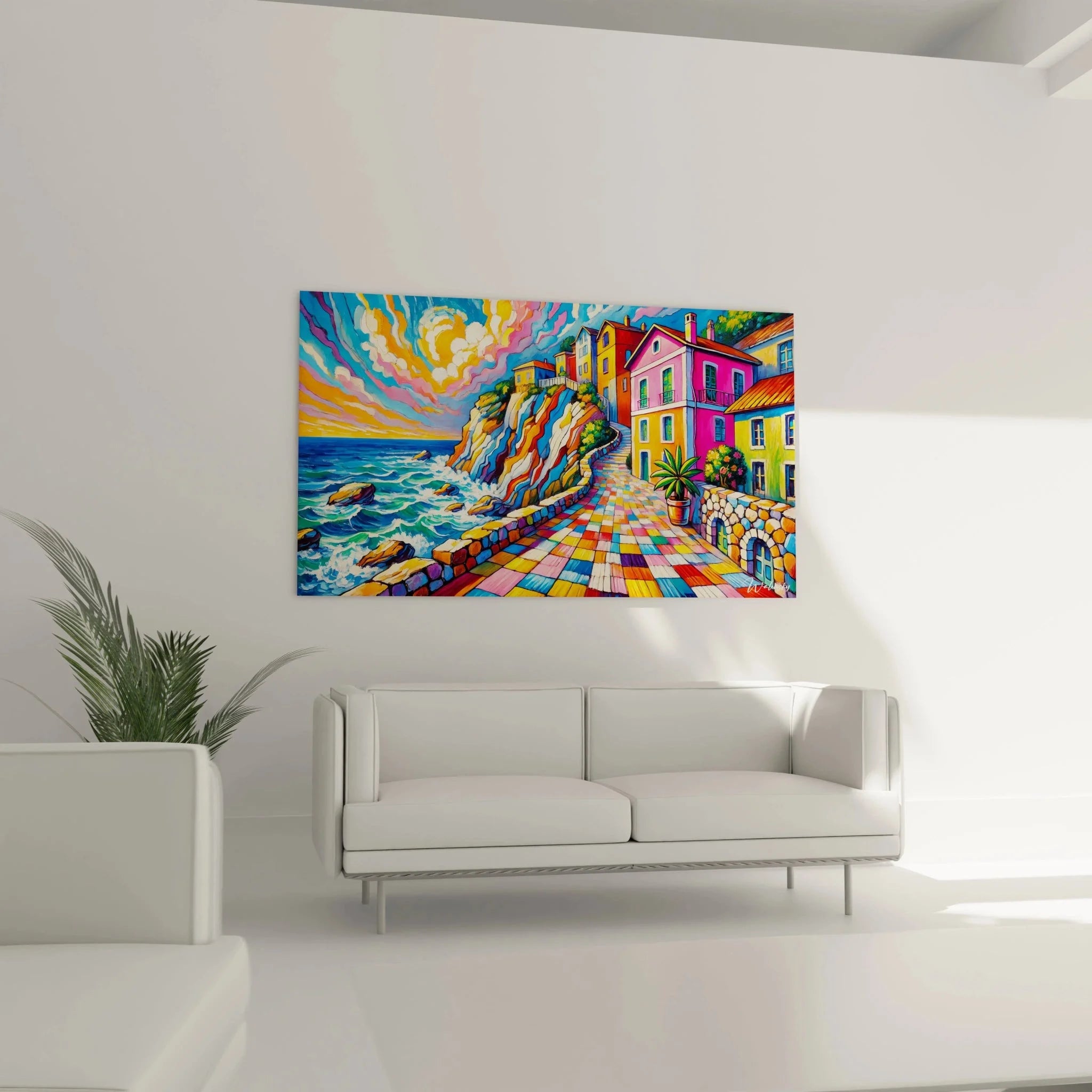 Nahaufnahme des bunten Küstenstadt Wandbildes mit expressiven Farben und Pinselstrichen