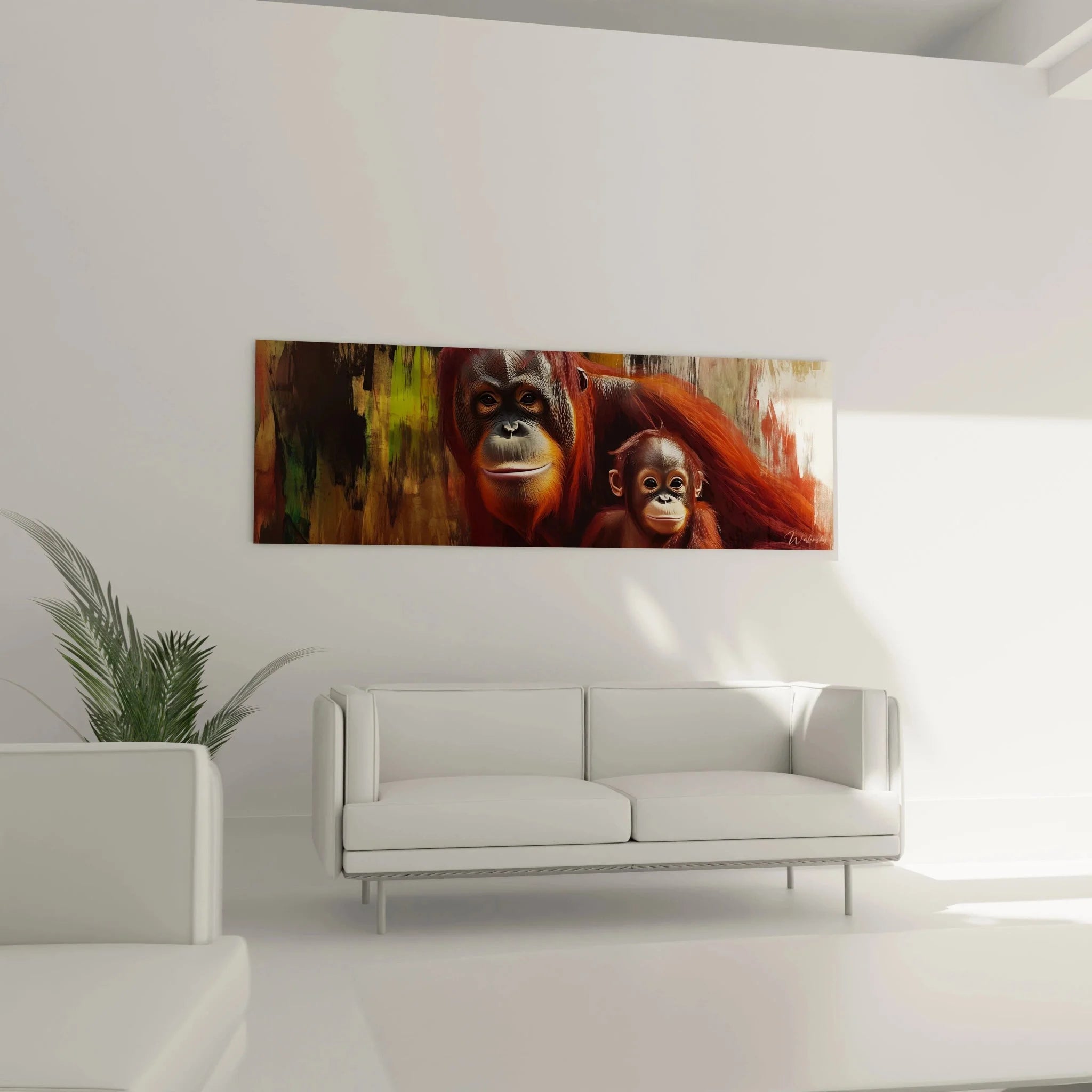 Nahaufnahme Wandbild Orang-Utan - detailreiche Darstellung der Gesichter von Mutter und Kind