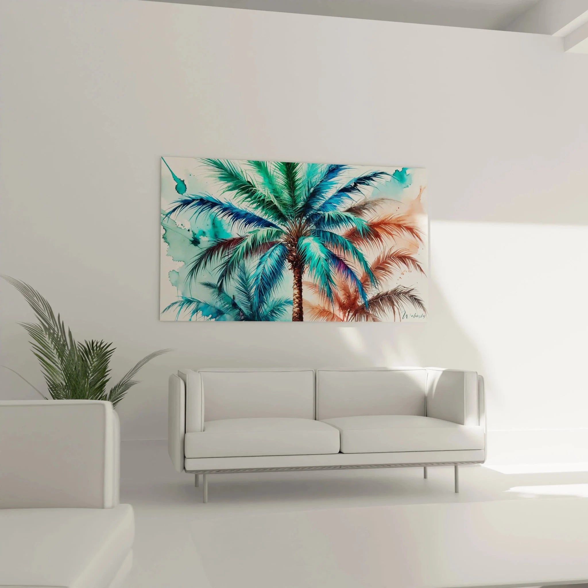 Nahaufnahme Wandbild Palmen - Detailansicht der Aquarell Palmenwedel mit Farbverläufen