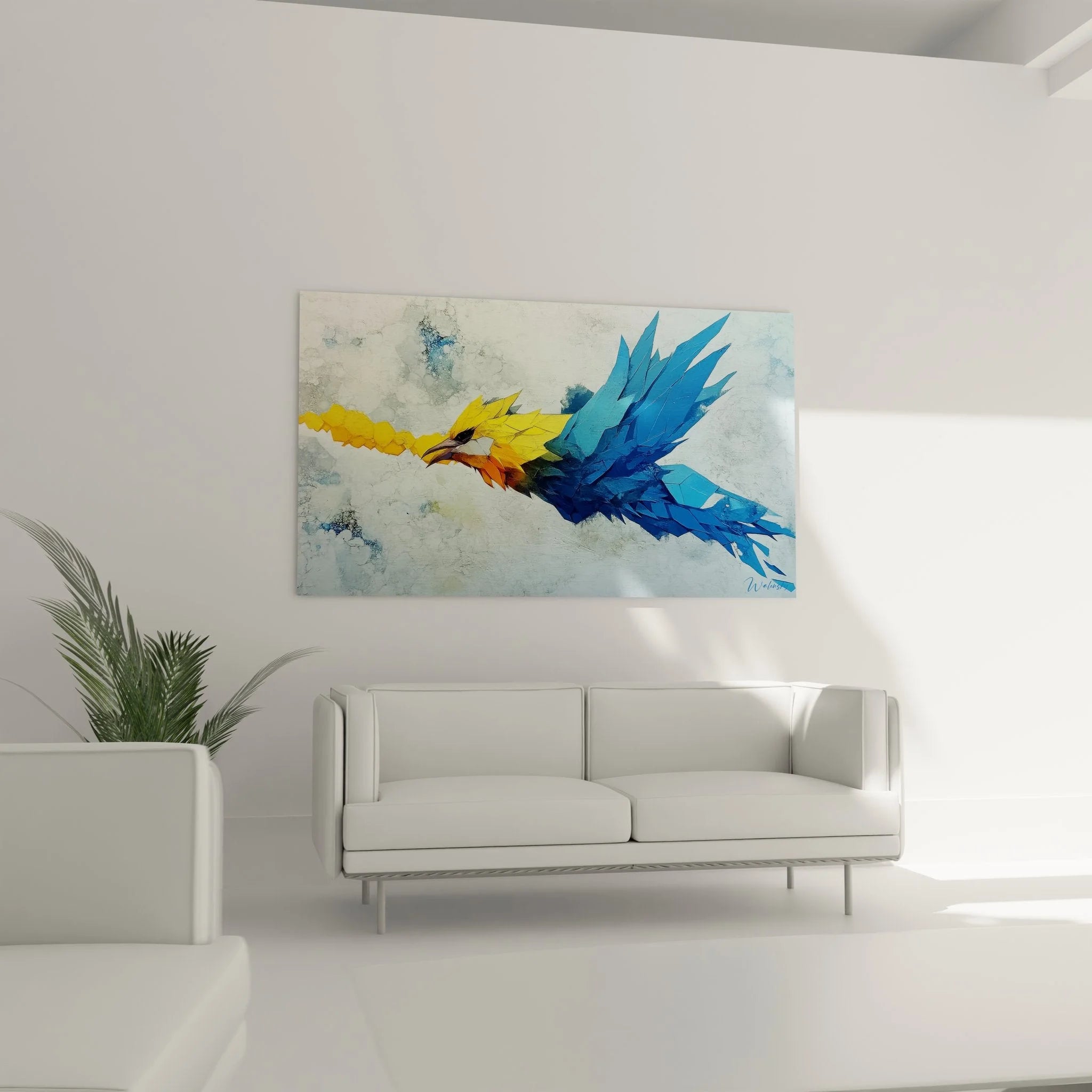 Nahaufnahme Details Papagei Wandbild zeigt leuchtende Farben und abstrakte Federstruktur