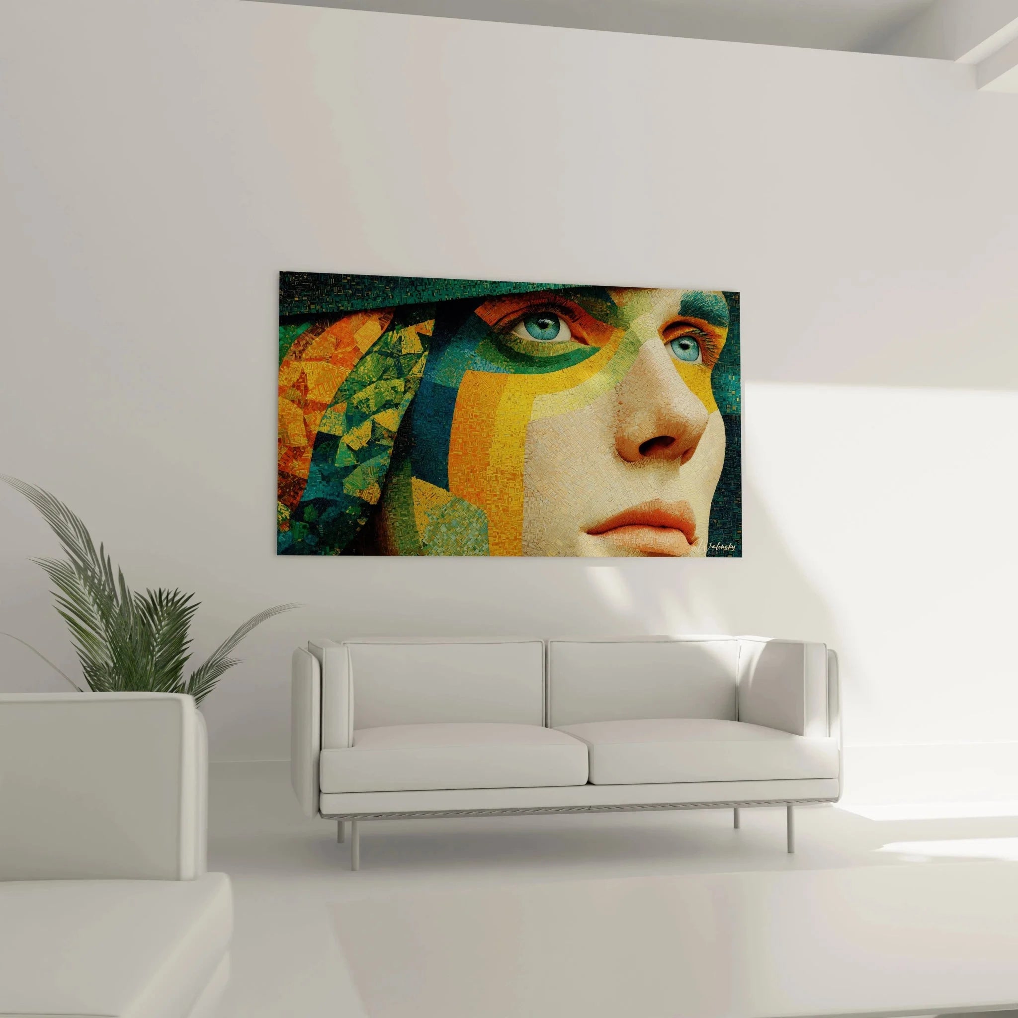 Nahaufnahme Pointillismus Wandbild Frauengesicht Mosaik-Textur türkise Augen Detail