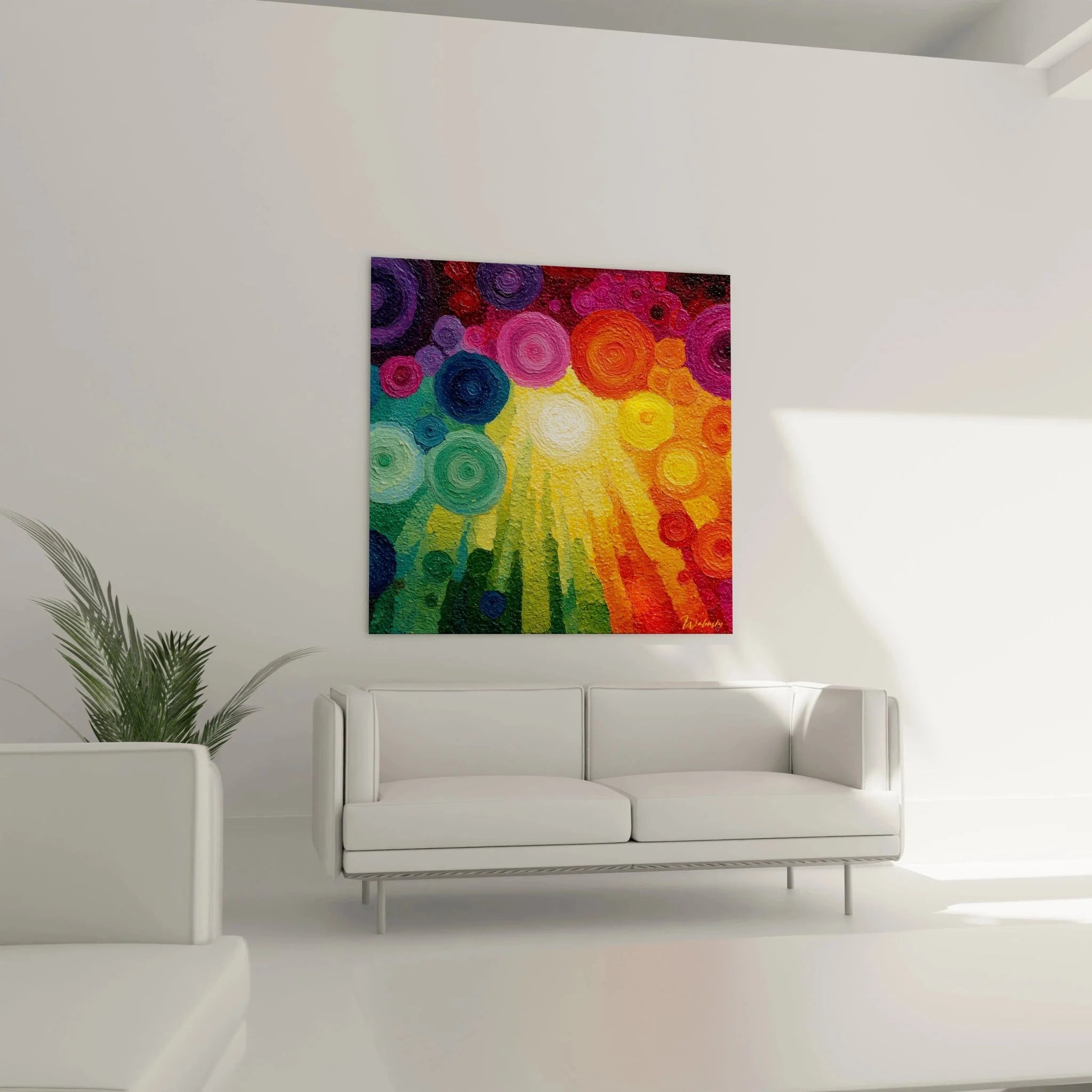 Nahaufnahme Pointillismus Sonnenaufgang Wandbild zeigt detaillierte Farbtupfen und Spiralstrukturen