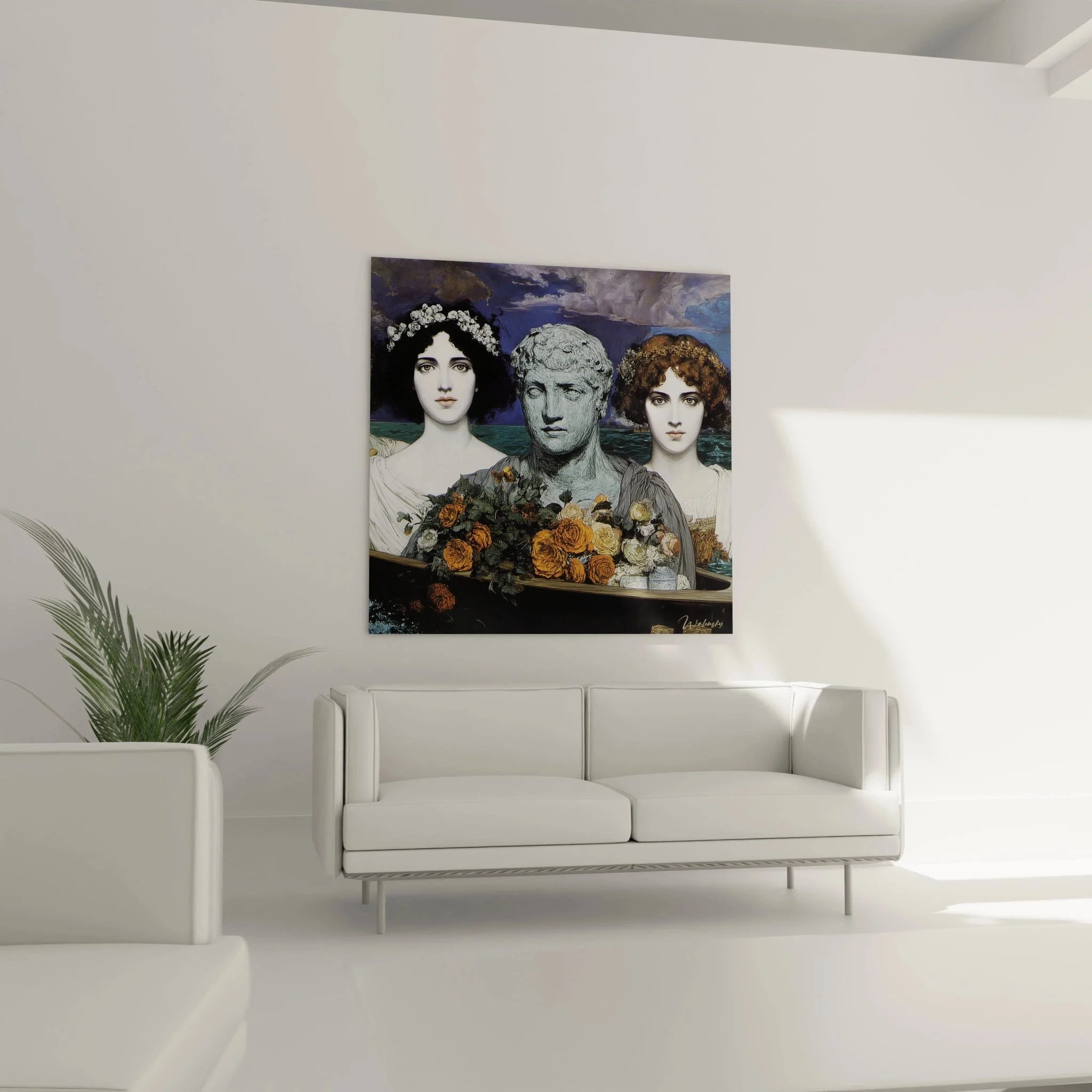 Nahaufnahme präraffelitisches Wandbild Details Gesichter und Blumenarrangement klassische Kunst