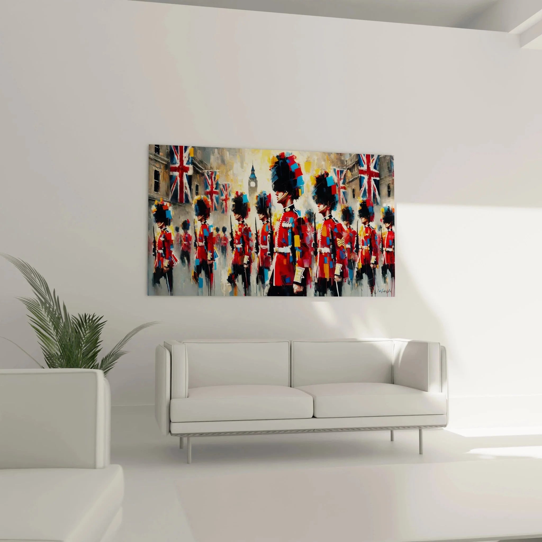 Nahaufnahme Wandbild Royal Guards rote Uniformen schwarze Bärenfellmützen abstrakte Malerei