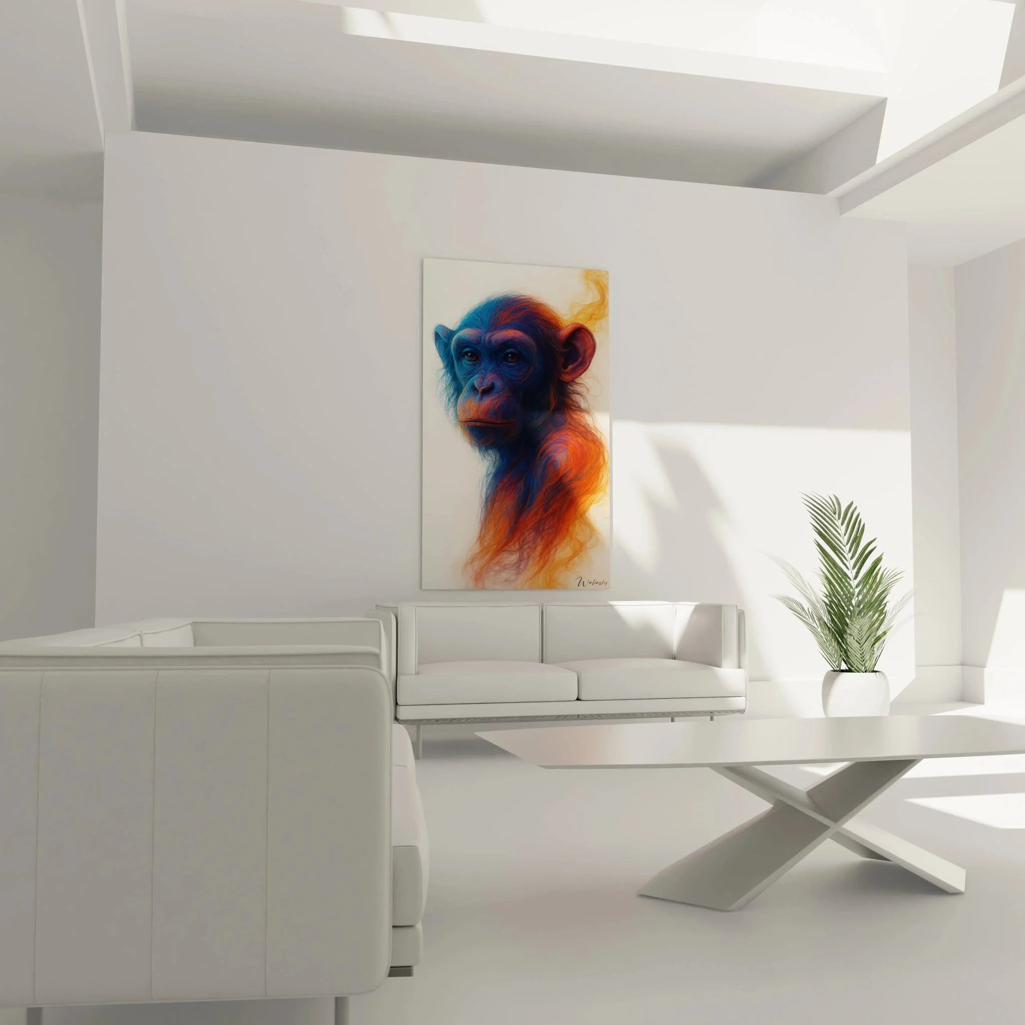 Nahaufnahme Schimpanse Portrait Wandbild - Details der expressiven Farbgebung Orange Blau