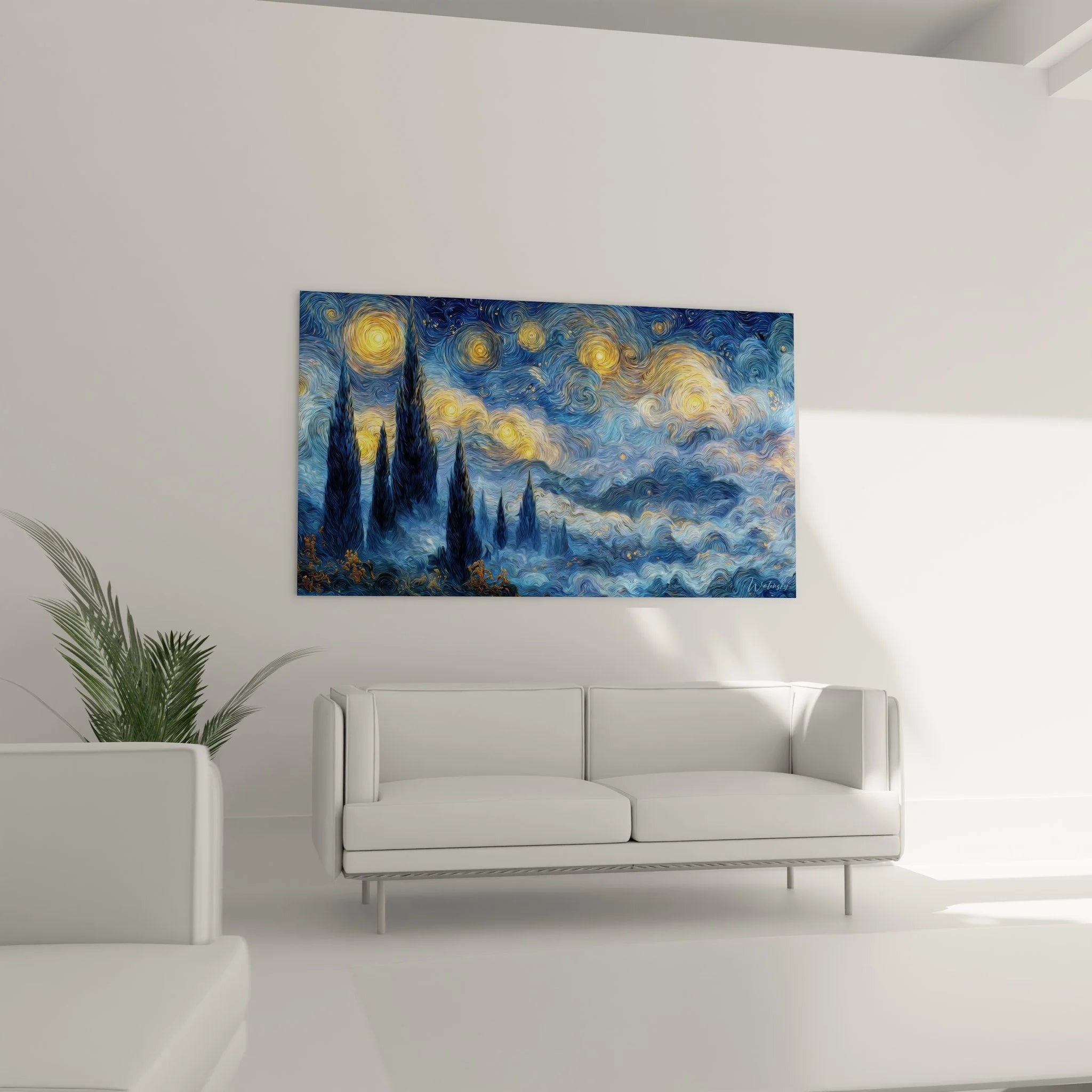 Nahaufnahme Details Sternennacht Wandbild mit goldenen Sternen und blauen Wolkenwirbeln Van Gogh Stil