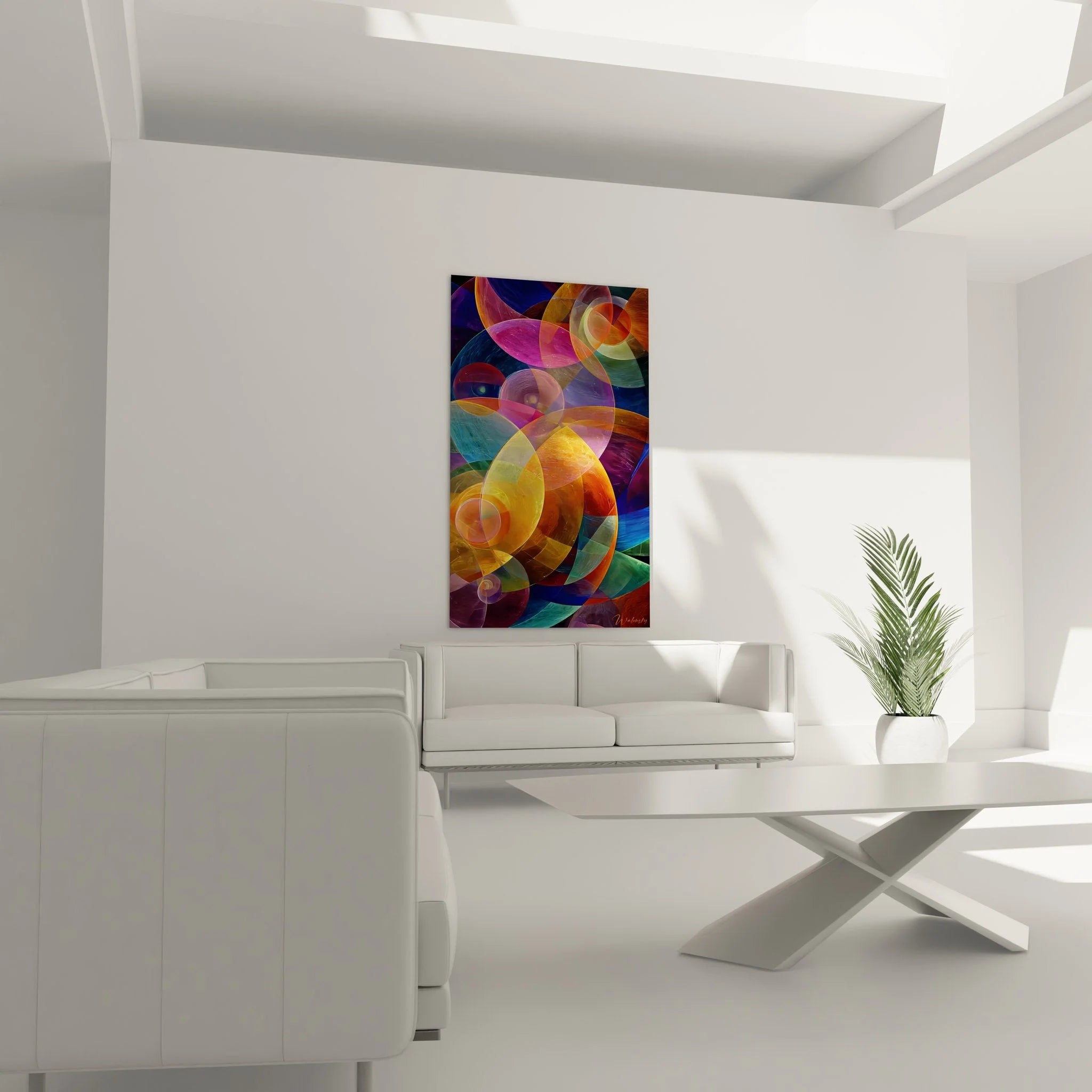 Nahaufnahme geometrisches Wandbild abstrakte Kreise Detailansicht bunte transparente Formen Leinwandstruktur