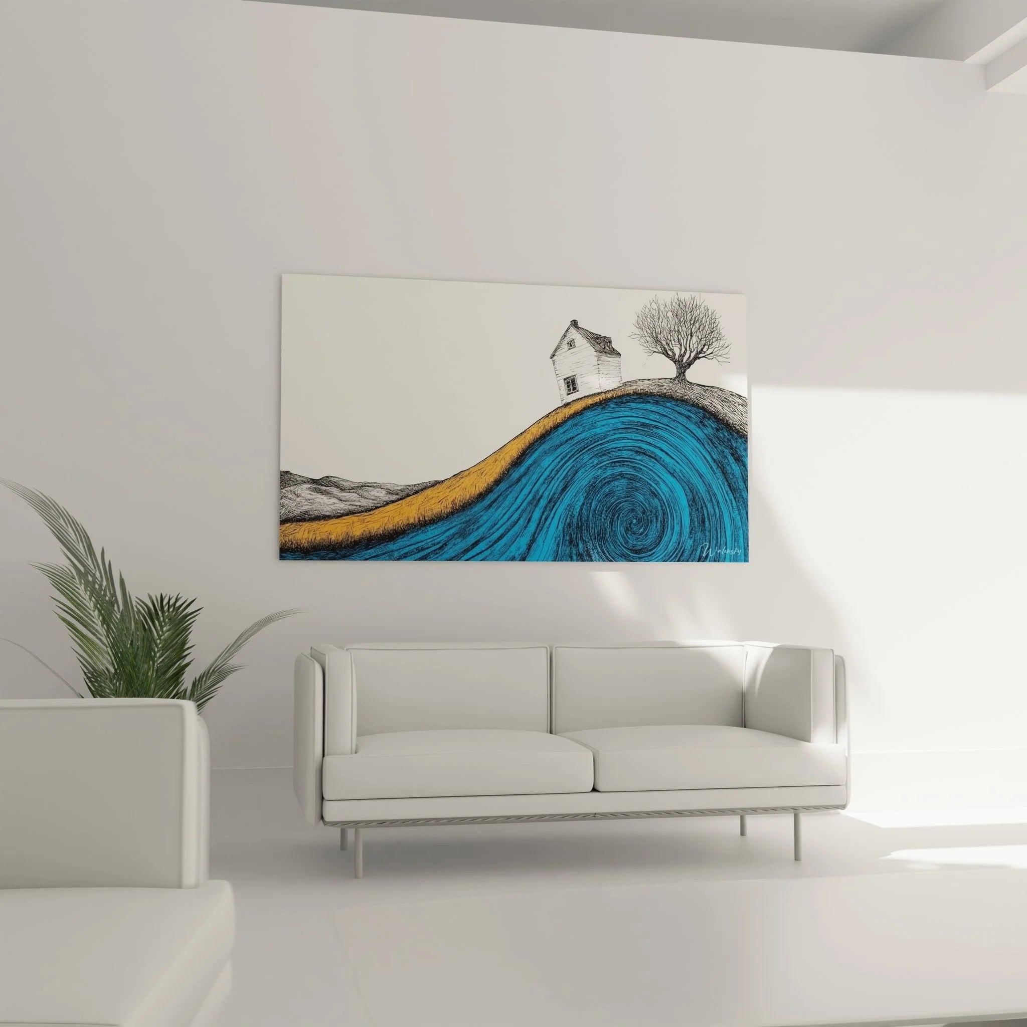 Nahaufnahme Wandbild abstrakte Spirale - Detailansicht der blauen Wirbel-Struktur