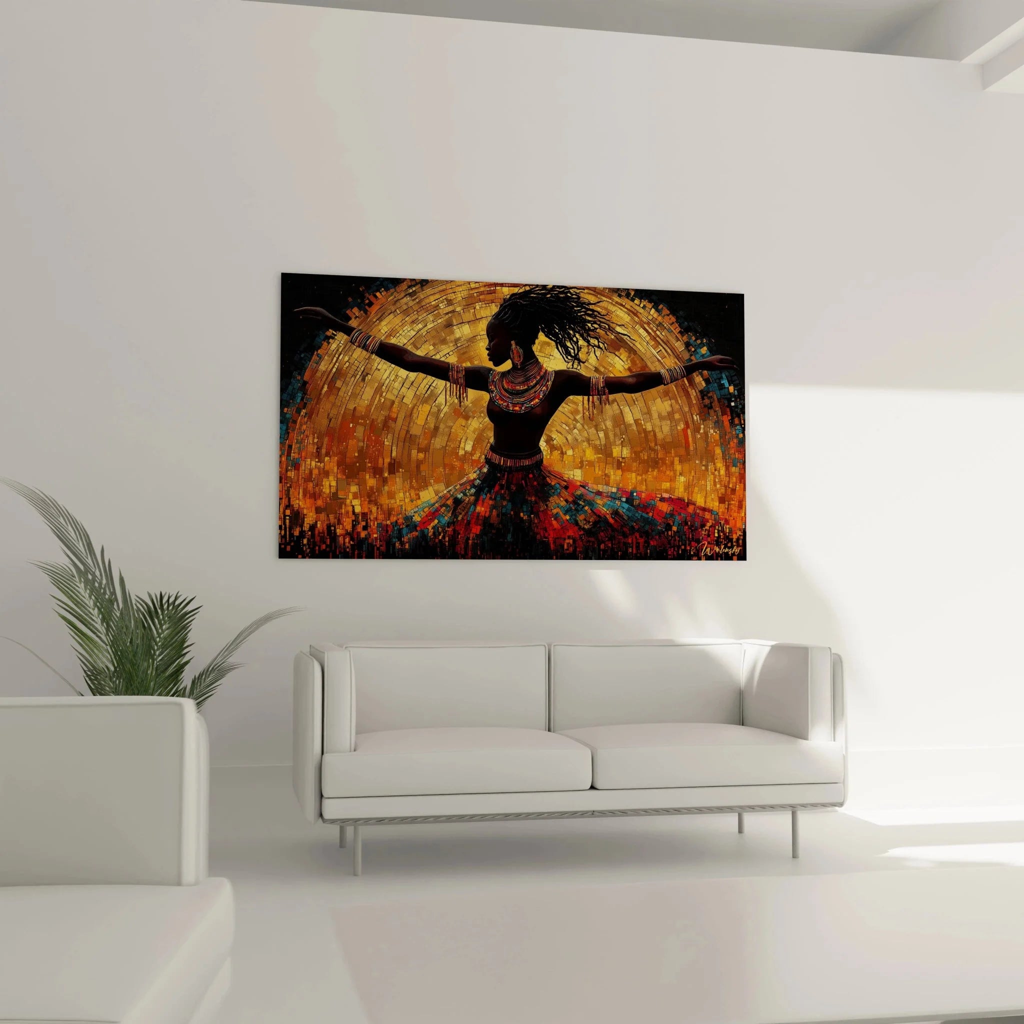 Nahaufnahme Details Wandbild Afrika Tänzerin mit goldenem Halsschmuck und traditionellen Armbändern