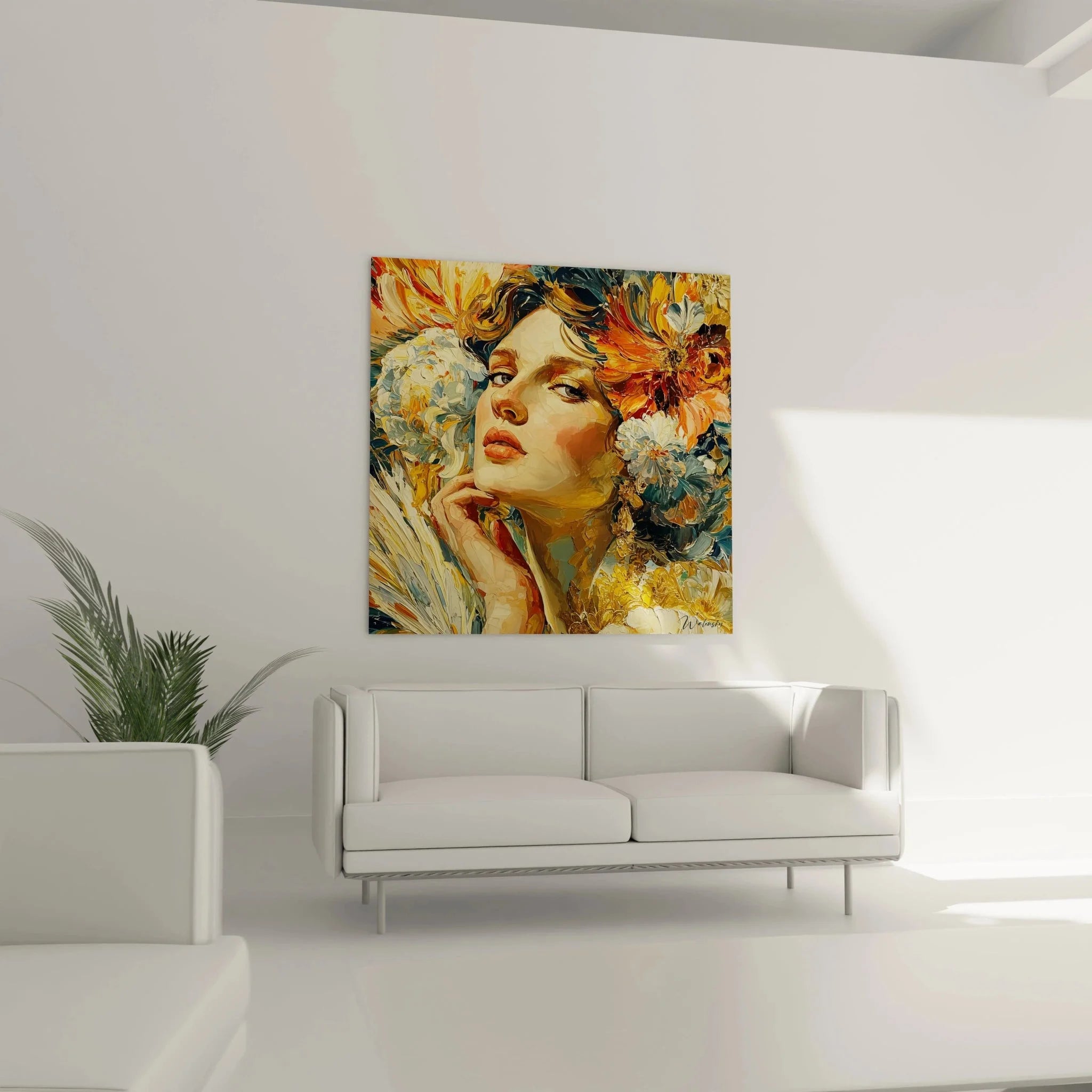 Nahaufnahme Wandbild barocke Frau mit Blütenpracht - detailreiche Darstellung femininer Eleganz