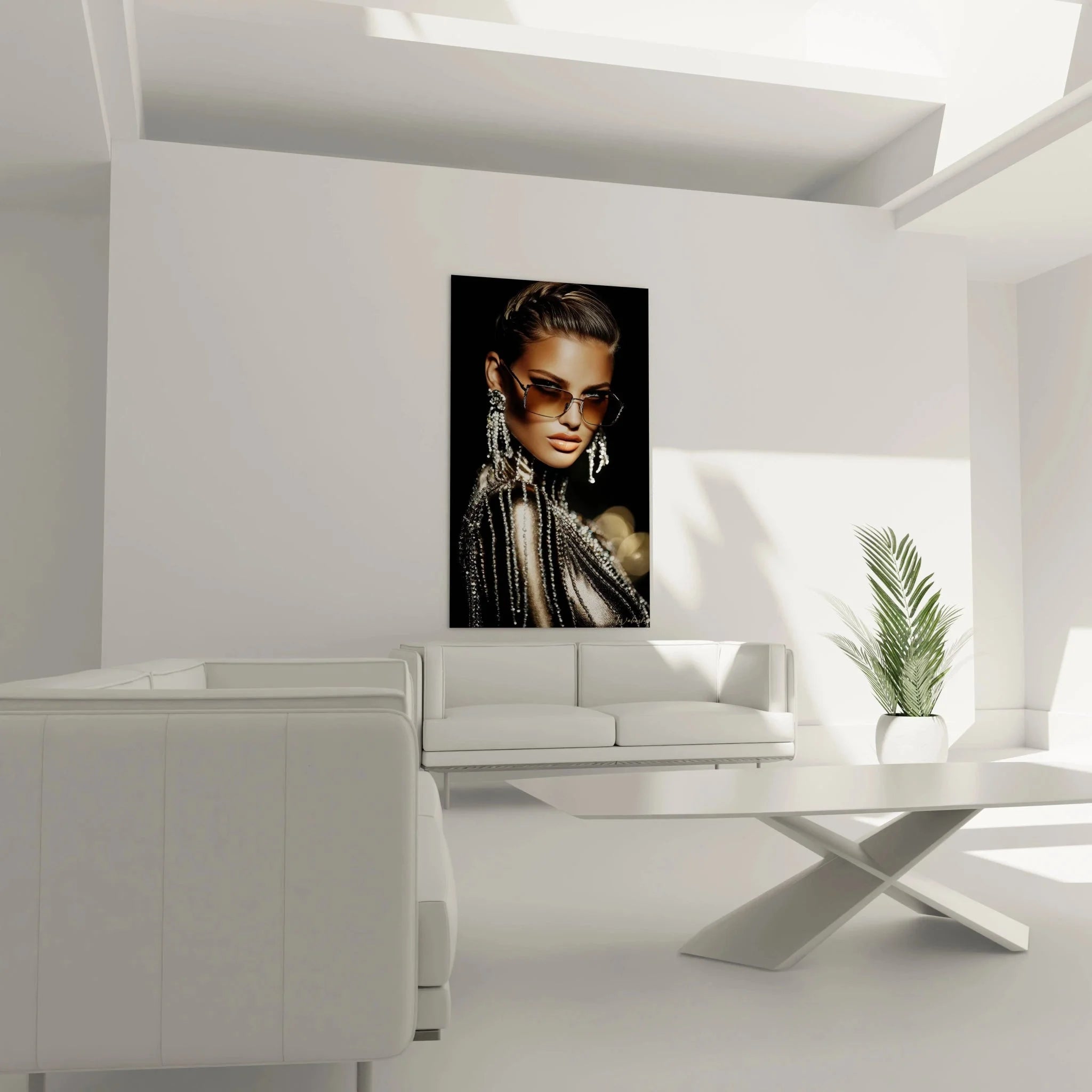 Nahaufnahme Wandbild glamouröse Frau - Details der Perlenketten und goldenen Pailletten sichtbar