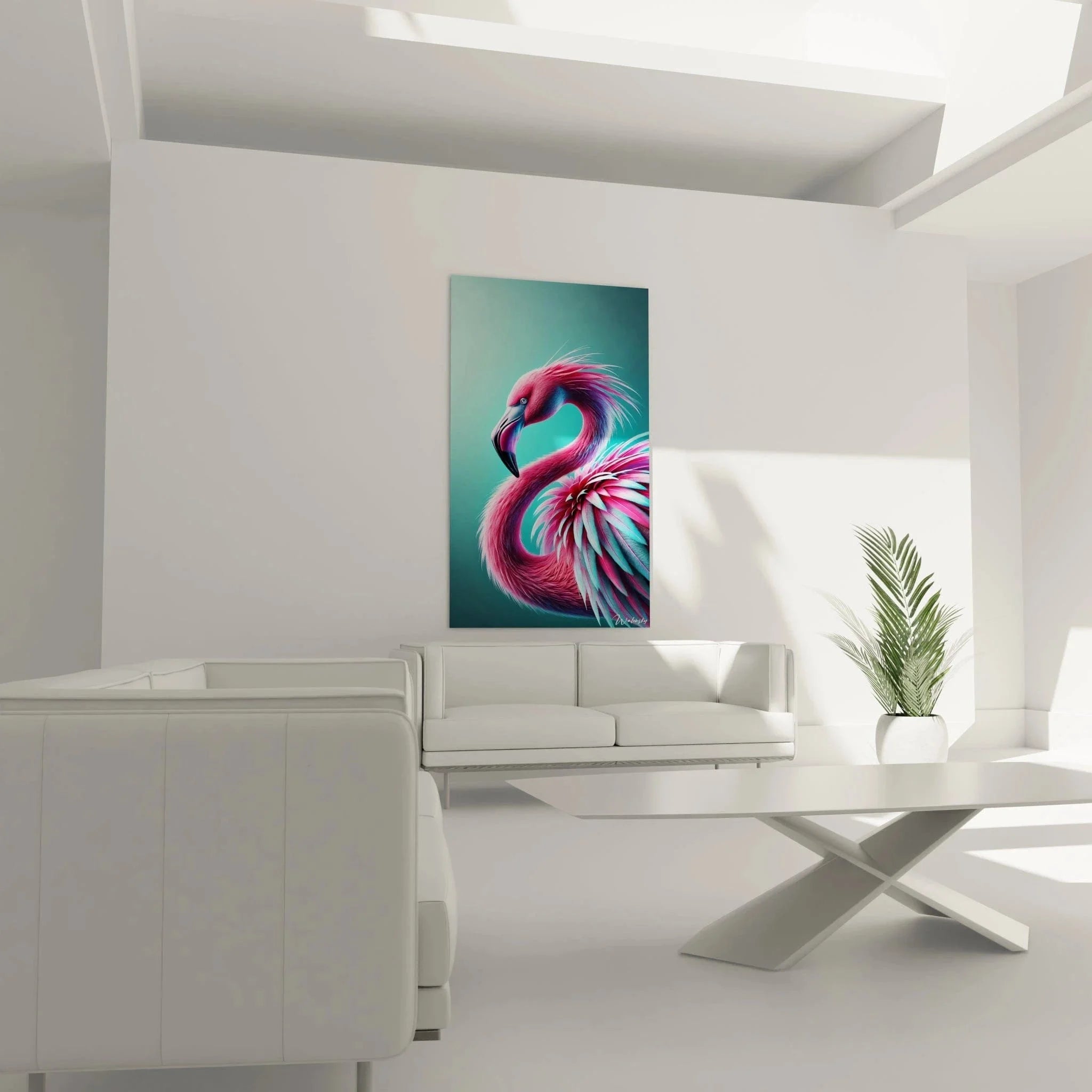 Nahaufnahme Detail Wandbild Flamingo zeigt spiralförmige Federn in Pink Magenta und Türkis Farben