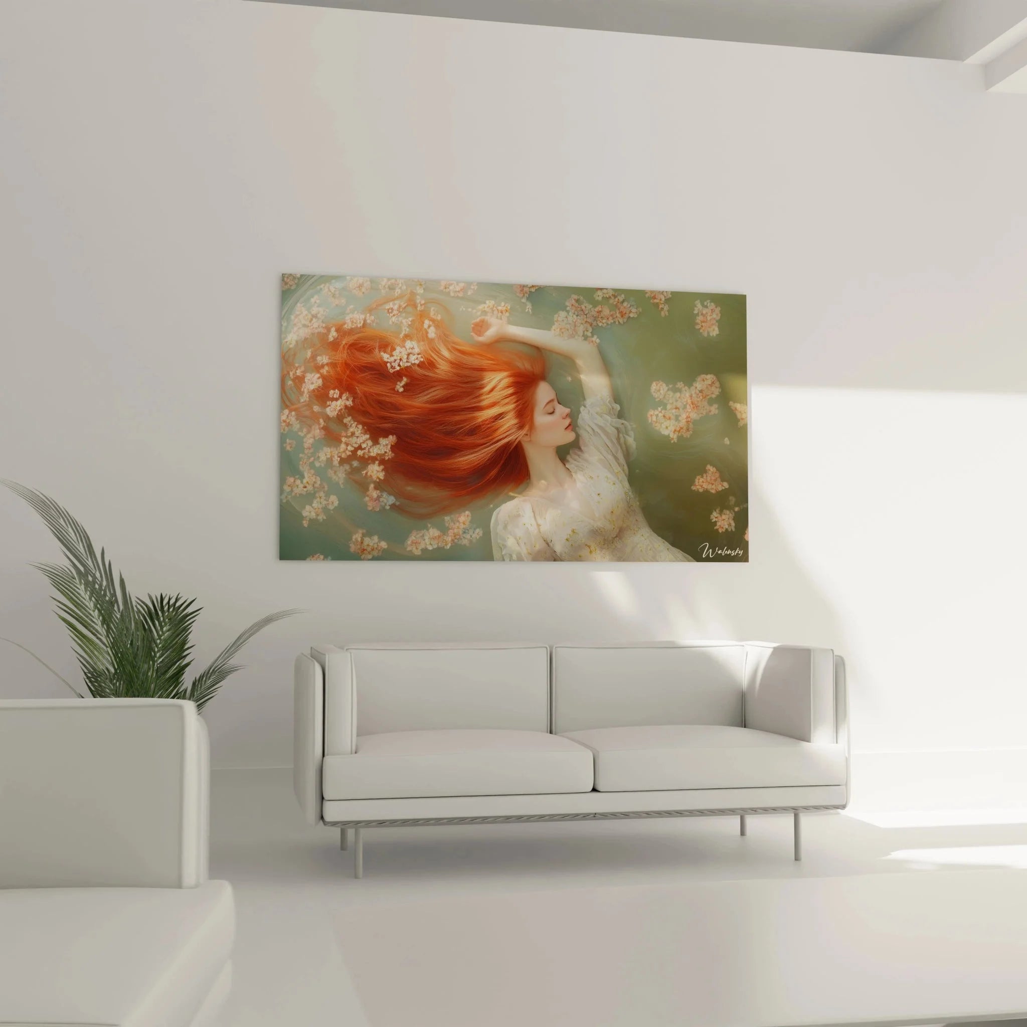 Nahaufnahme Wandbild romantische Frau rote Haare Blüten - Details Edgar Degas Inspiration Wandkunst