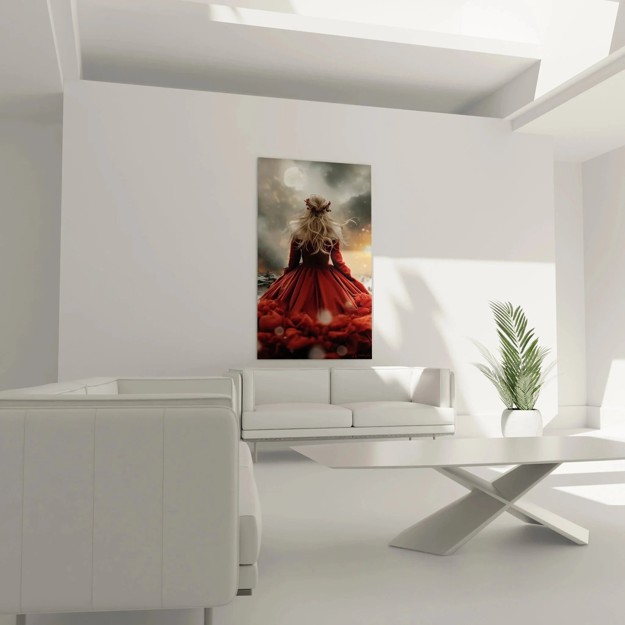 Nahaufnahme Wandbild Detail Frau silbernes Haar Blumenkranz rotes Samtkleid Weihnachten Kunstdruck