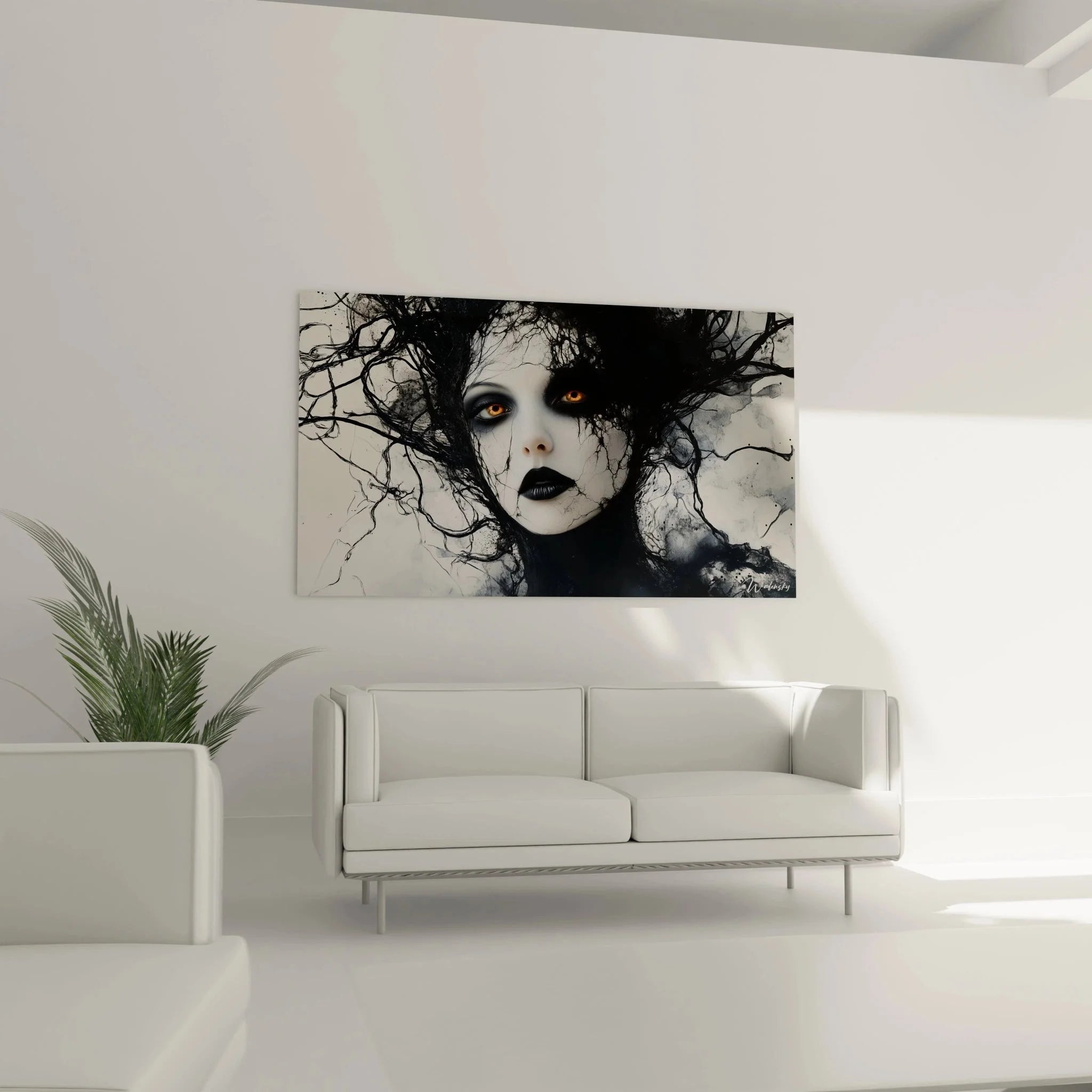 Nahaufnahme Wandbild Frauengesicht mit leuchtenden goldenen Augen, mystische Details