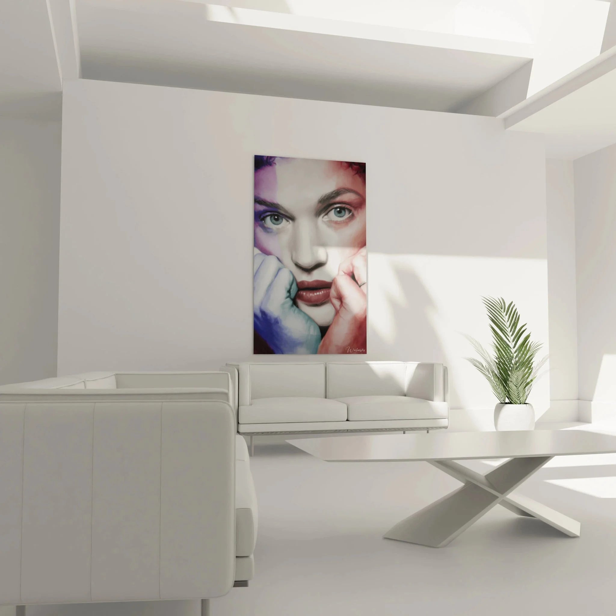 Nahaufnahme hyperrealistisches Wandbild Frauenportrait Details blaue Augen rote blaue Hände Kunstwerk