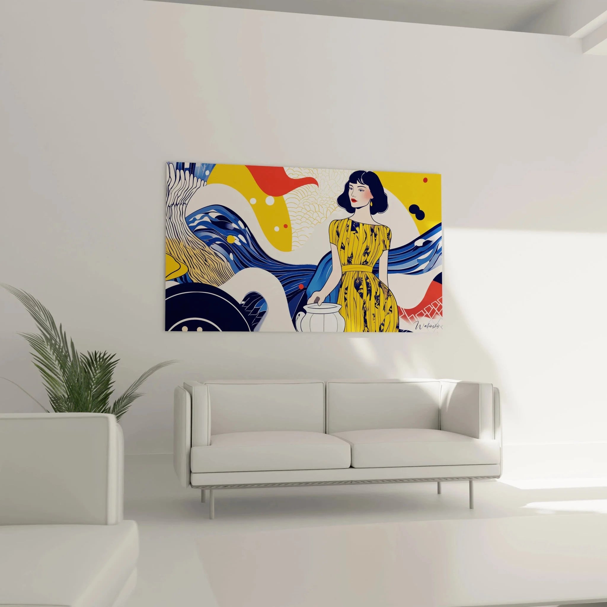 Nahaufnahme Wandbild gelbes Kleid Wasserkrug, Details Vermeer Stil Kunstdruck Premium