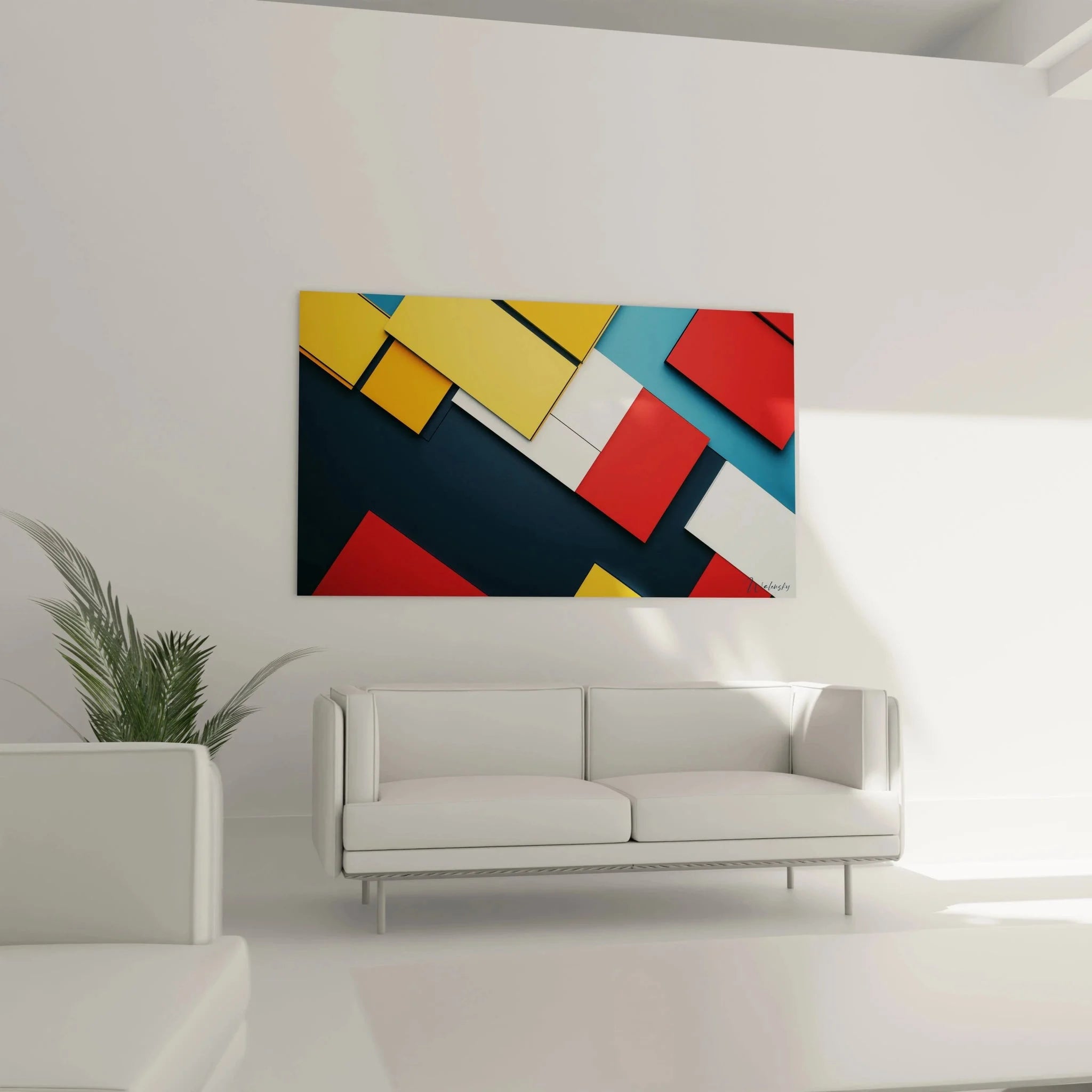Nahaufnahme Wandbild geometrische Formen Mondrian Stil Details rote blaue gelbe Farbfelder