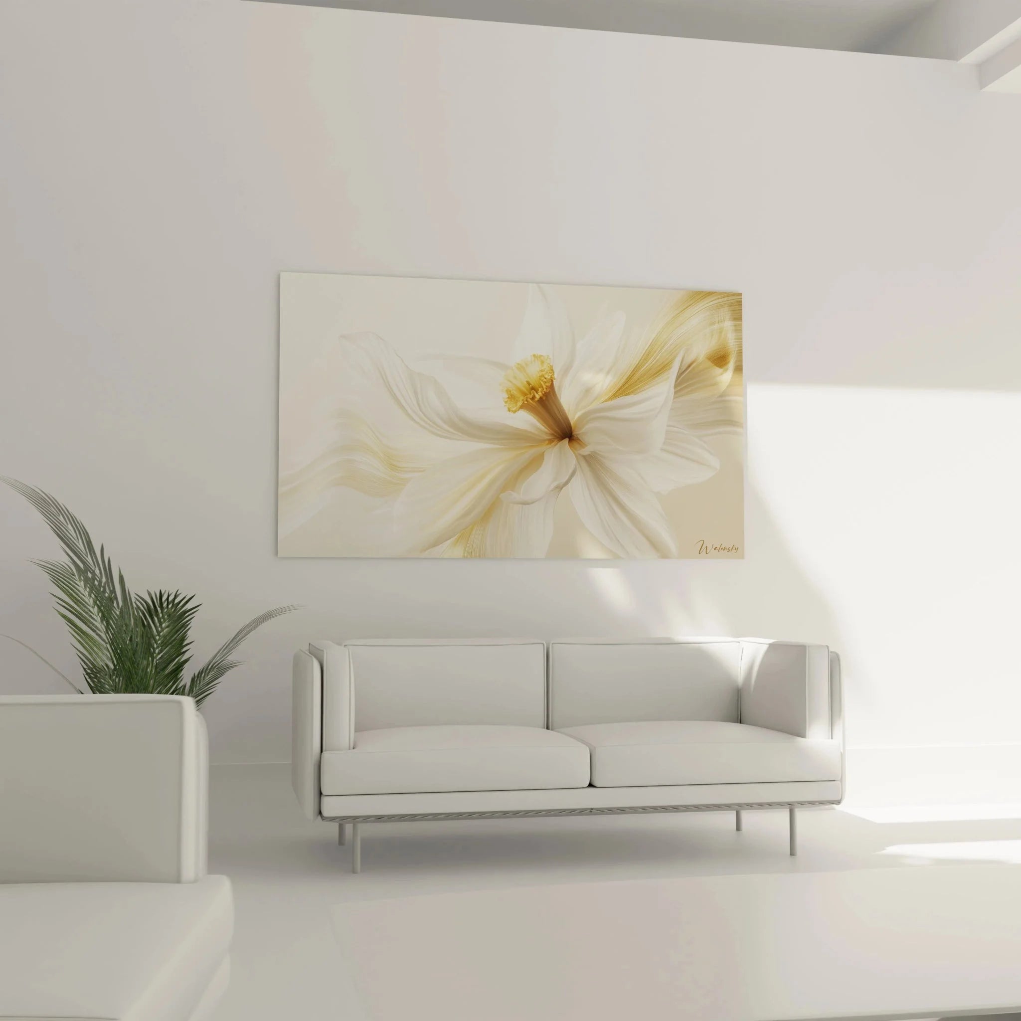 Nahaufnahme Wandbild Hibiskus - Details der goldenen Staubfäden und cremefarbenen Blütenblätter