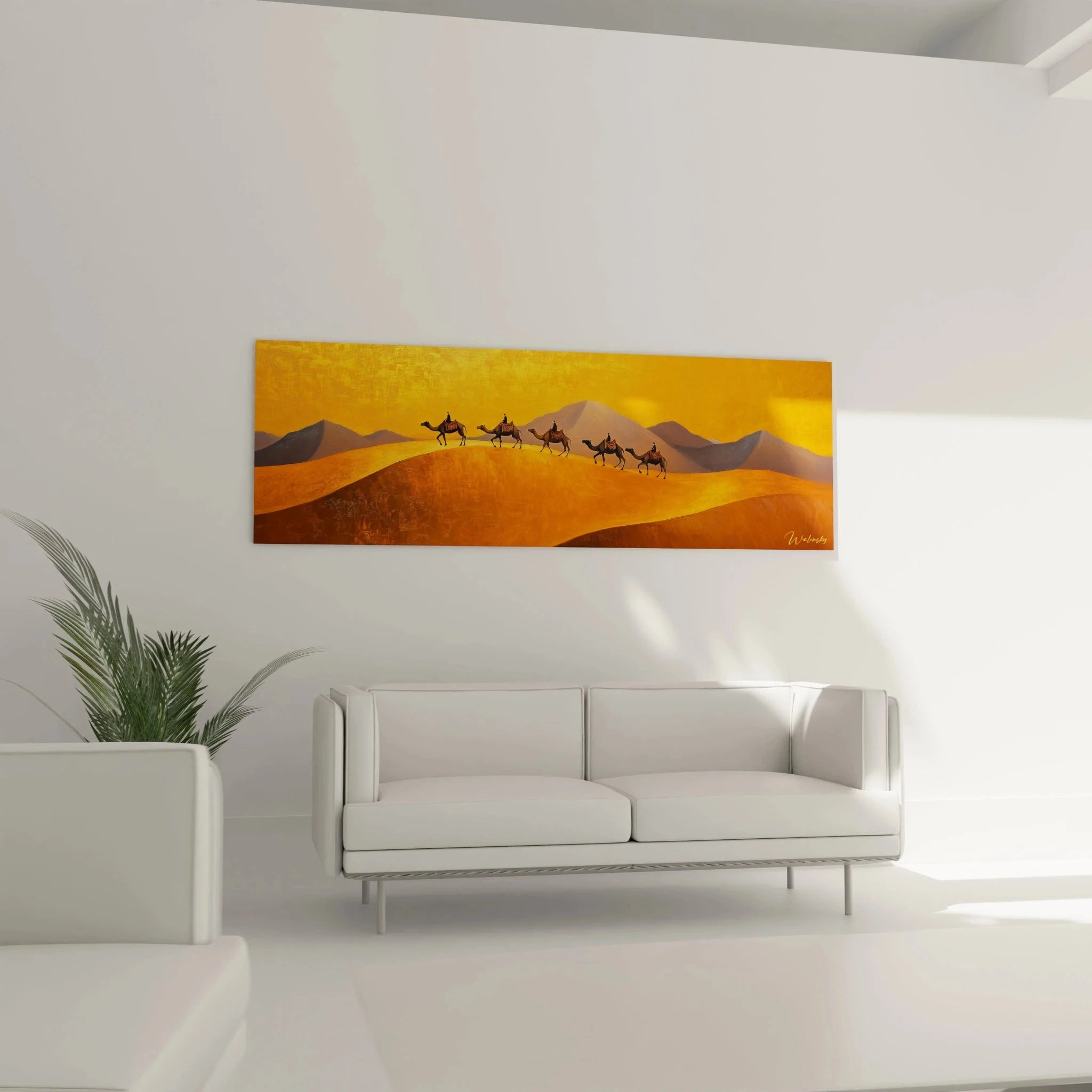 Nahaufnahme Wandbild Details Kamelkarawane mit Dromedaren und strukturierten Wüstendünen