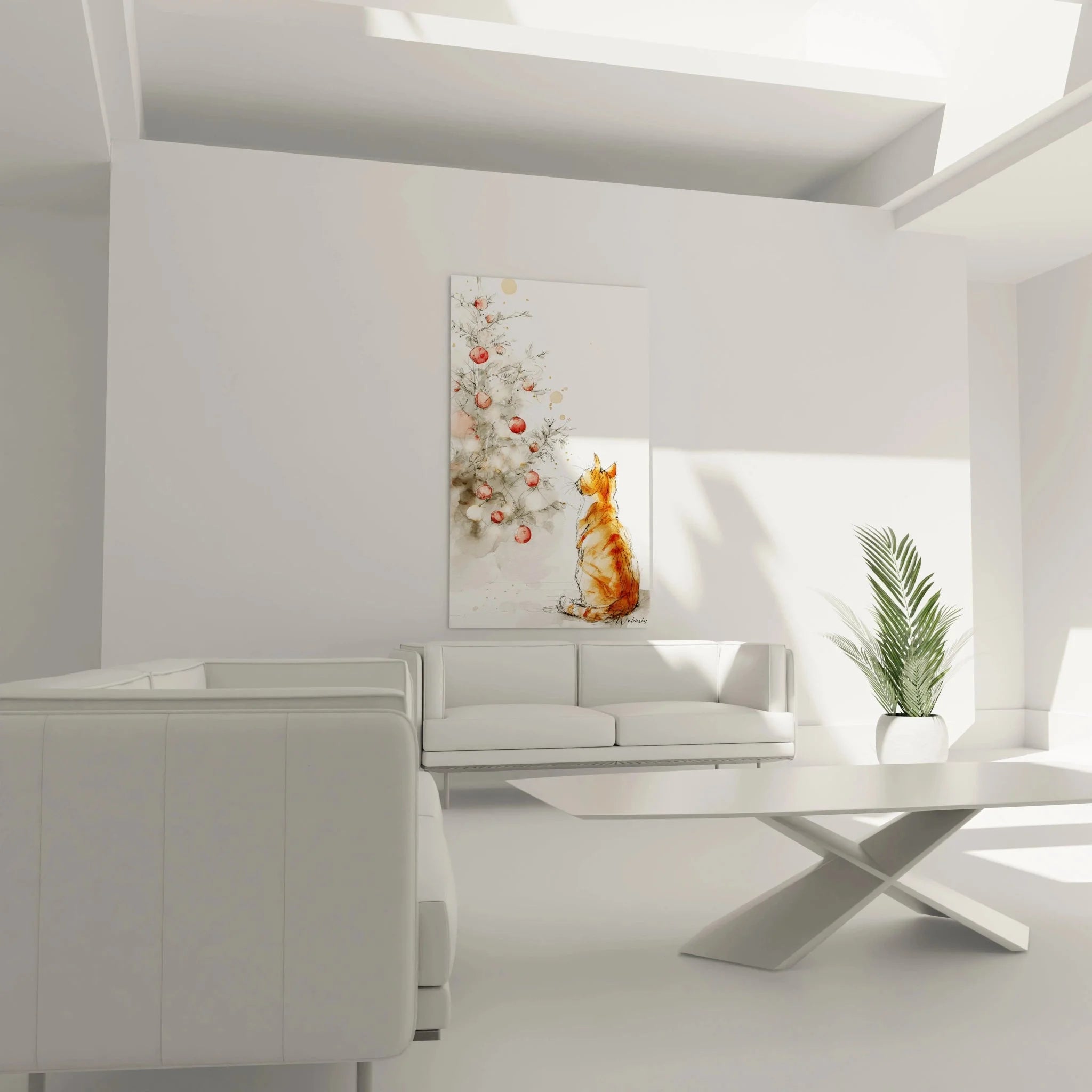 Nahaufnahme Wandbild Katze Weihnachten - Detailansicht Aquarell mit roten Weihnachtskugeln und Tannenzweigen