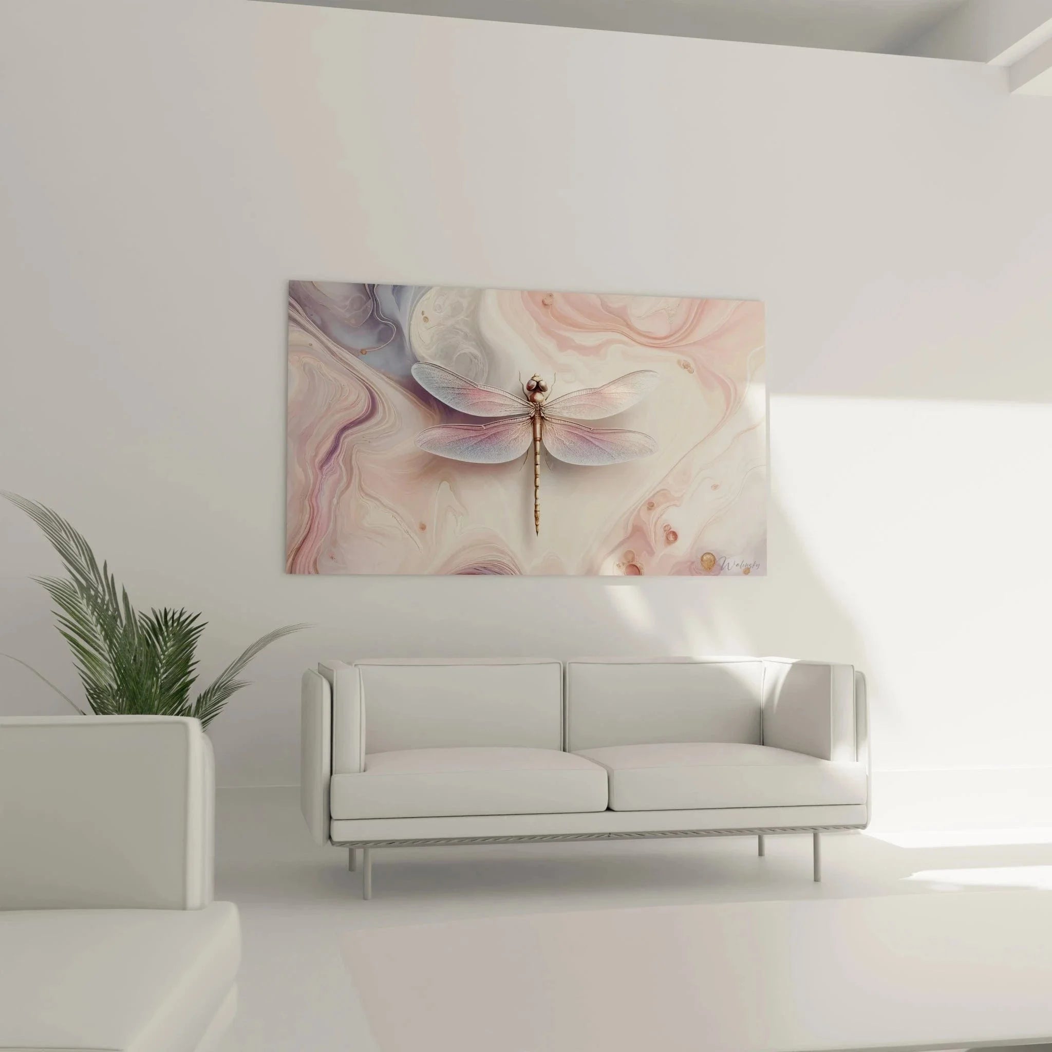 Nahaufnahme Wandbild Libelle Details - durchscheinende Flügel expressionistisch auf marmoriertem Hintergrund