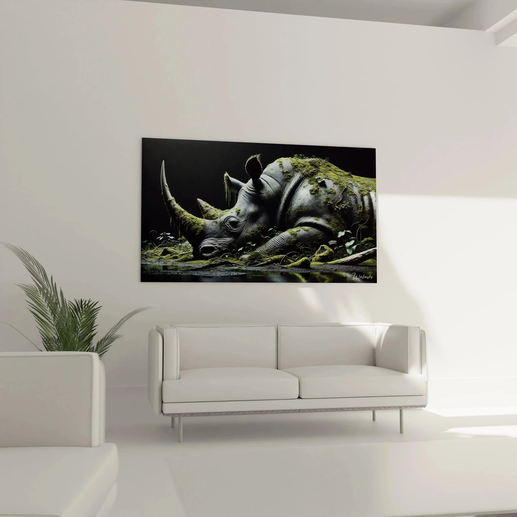 Nahaufnahme Wandbild Nashorn - Details von Moos und Nashornhaut in hochwertiger Kunstdruck Qualität