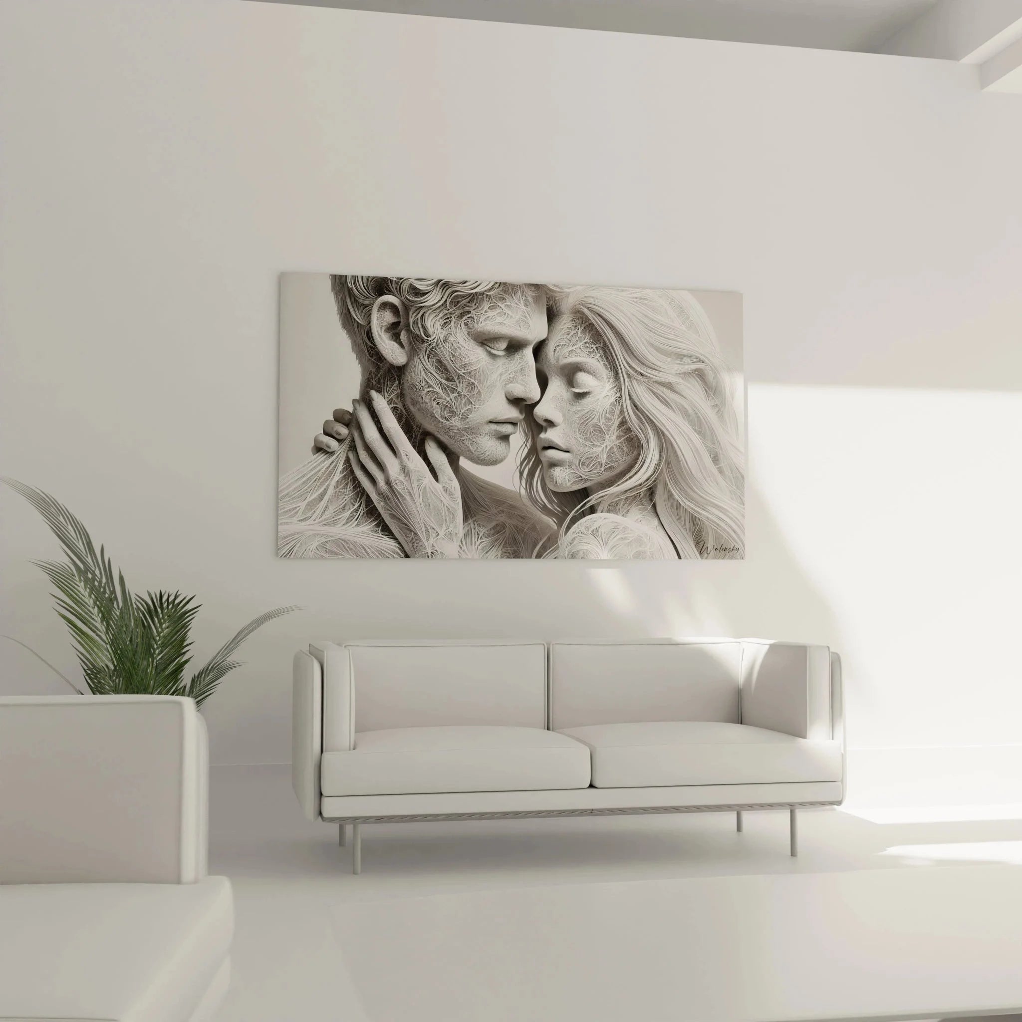 Nahaufnahme Wandbild Paar mit kunstvollen Verzierungen und emotionaler Darstellung der Gesichter