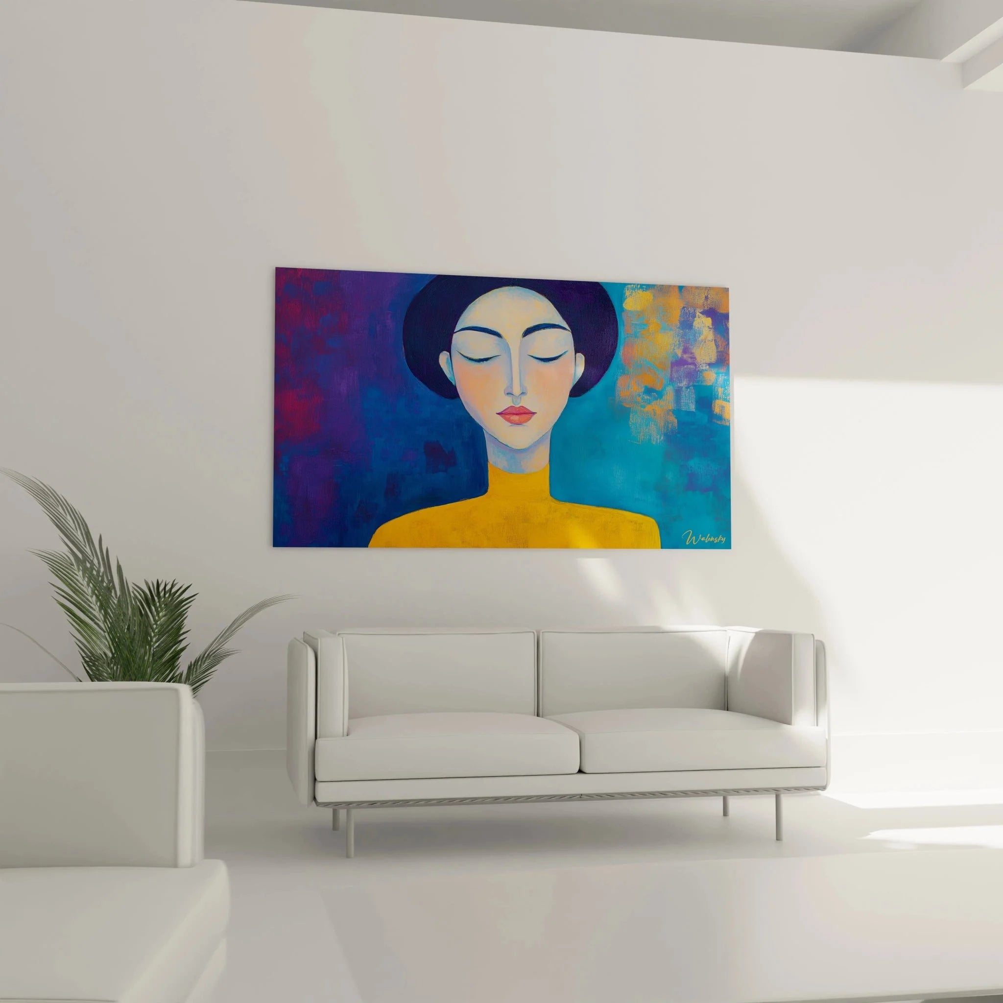 Nahaufnahme Wandbild Porträt Frau Modigliani Stil - Details der warmen Farbgestaltung