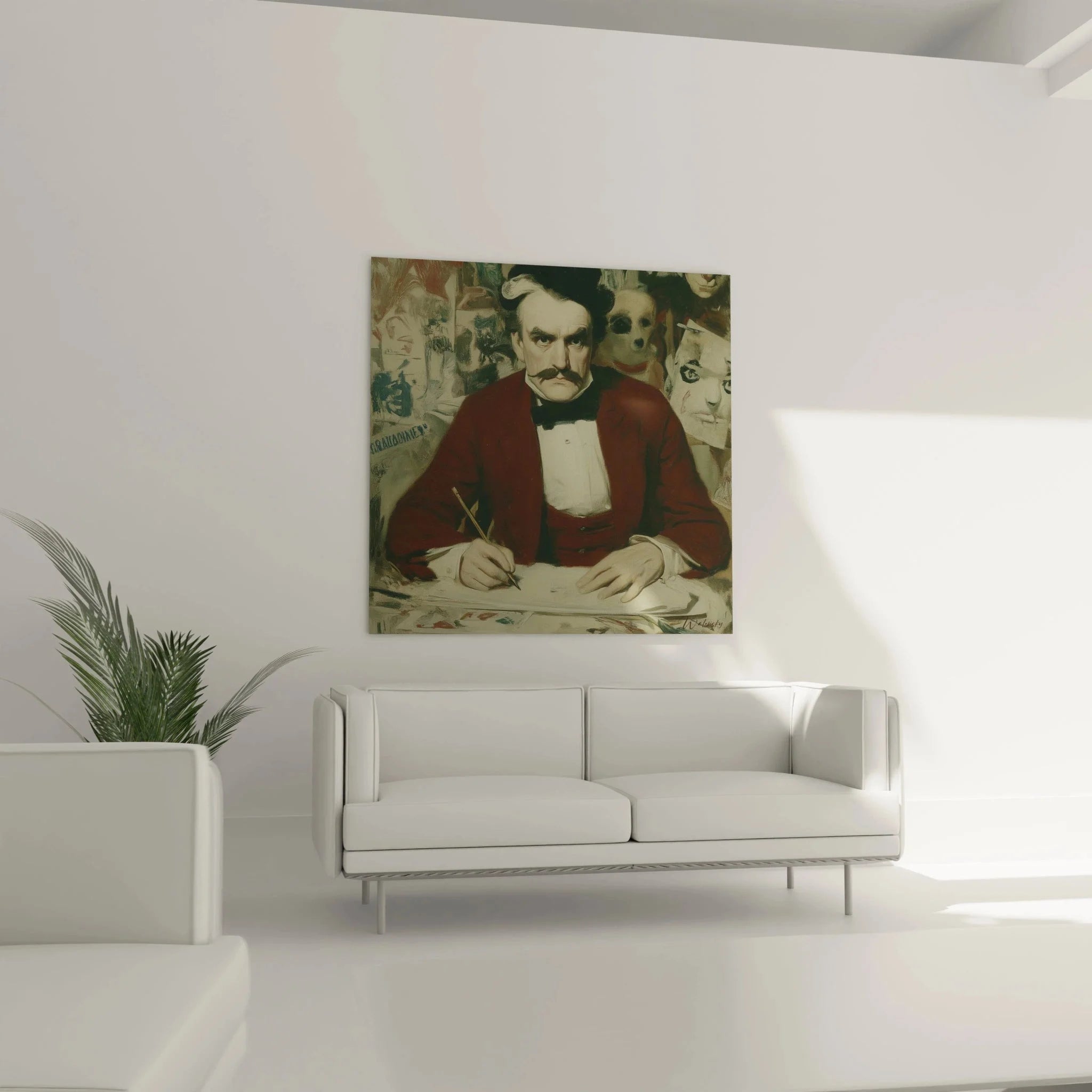 Nahaufnahme Details Wandbild Porträt zeigt Schreibfeder und Manuskripte des Schriftstellers