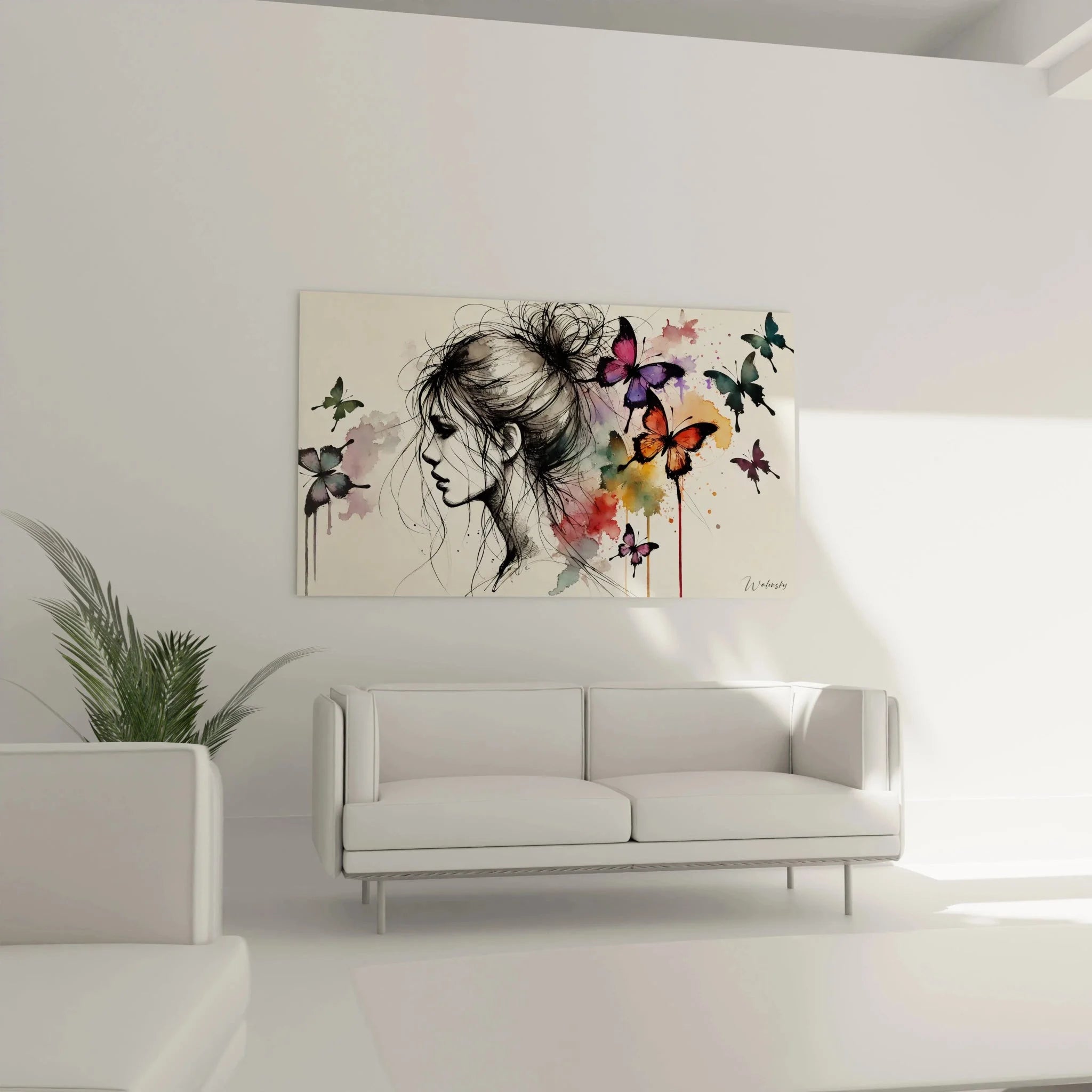 Nahaufnahme Wandbild Schmetterling Aquarell, Detail der bunten Schmetterlinge um Frauenportrait