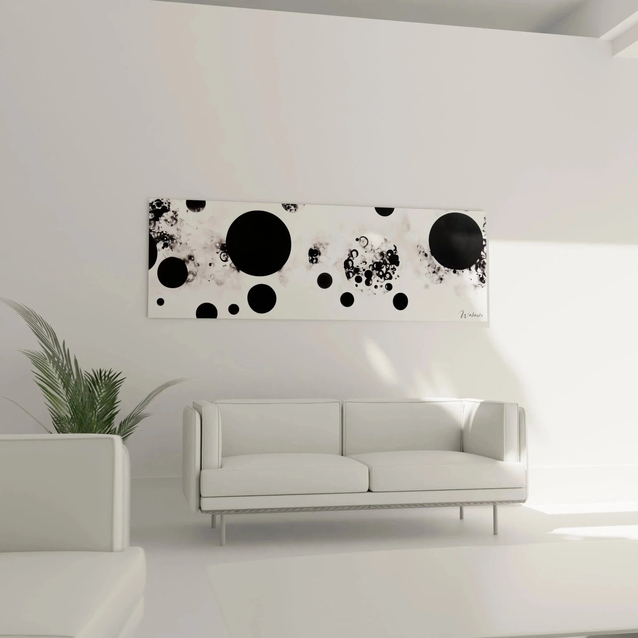 Nahaufnahme Wandbild abstrakte schwarze Kreise weiß geometrische Formen Dalmatiner Muster Detail