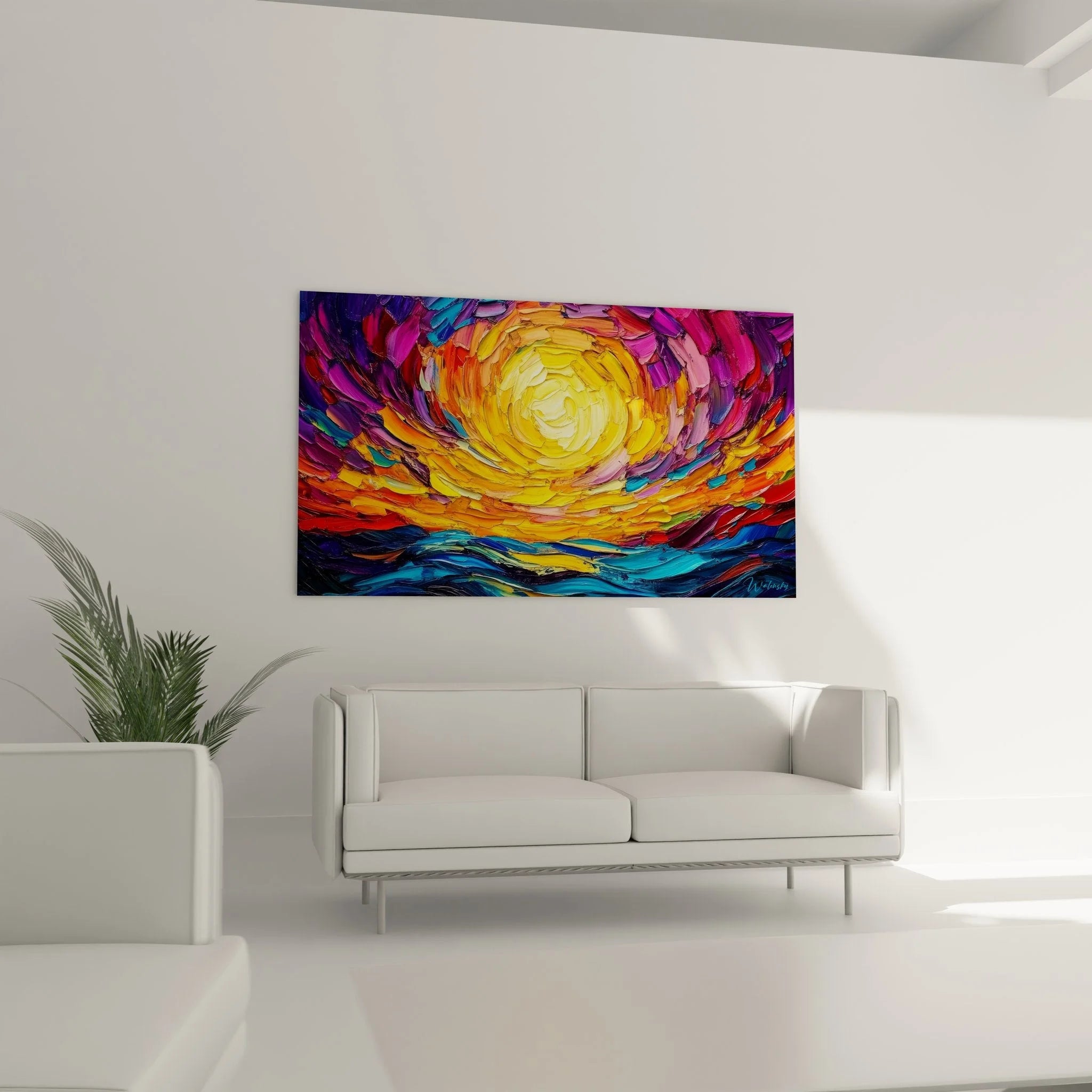 Nahaufnahme Wandbild Spiralstrudel, pastose Maltechnik abstrakte Spiralen mit leuchtenden Farben