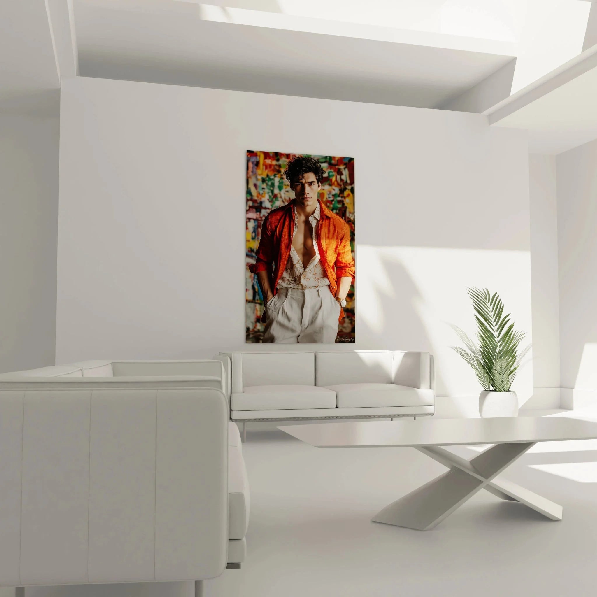 Nahaufnahme Wandbild stilvoller Mann mit lockigen Haaren - maskuline Ästhetik Detail