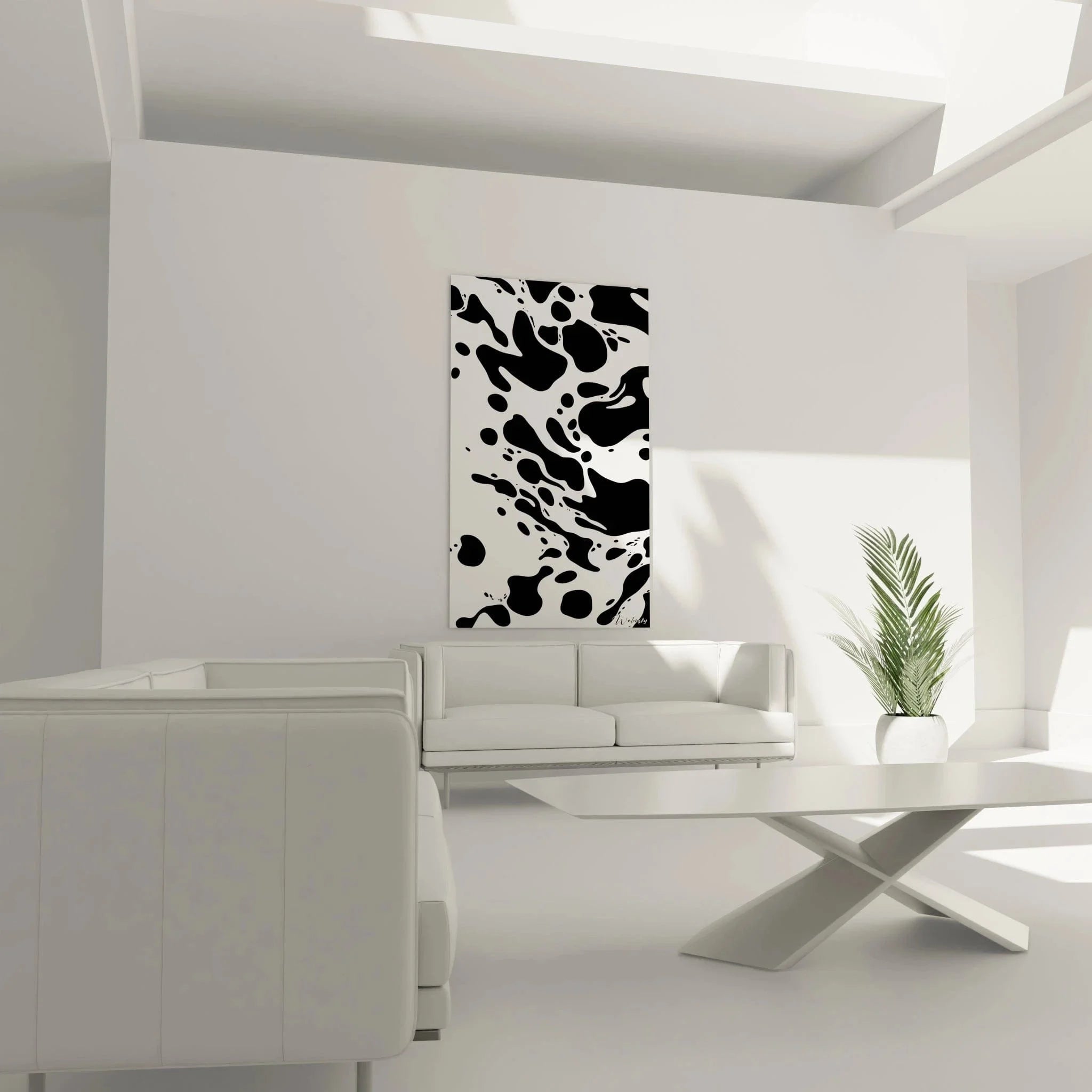 Nahaufnahme Wandbild abstrakte Tintentropfen schwarz-weiß Detailansicht Dalmatiner-Optik