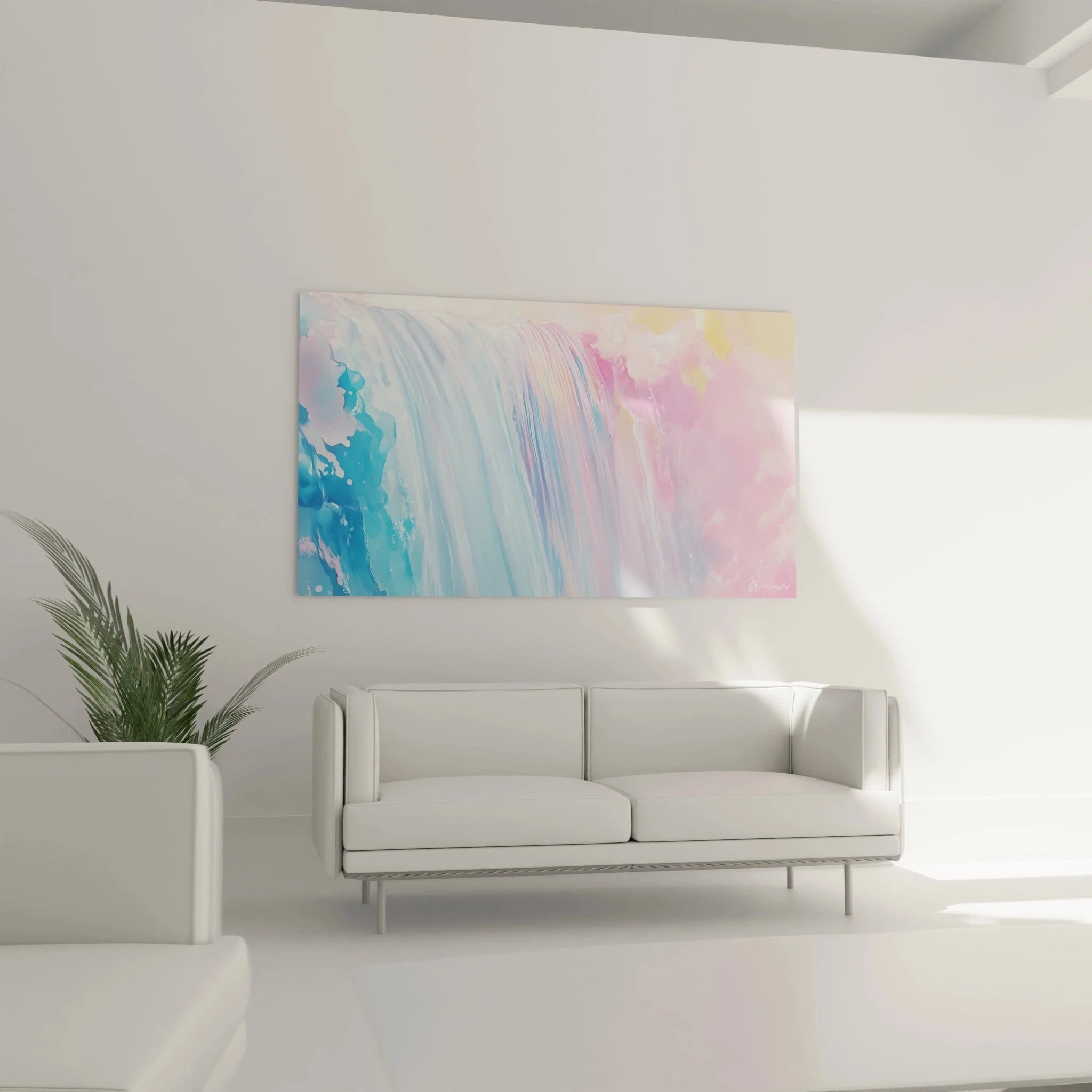 Nahaufnahme Wandbild abstrakte Wasserfälle mit Details der Pastellfarben und Pinselstriche