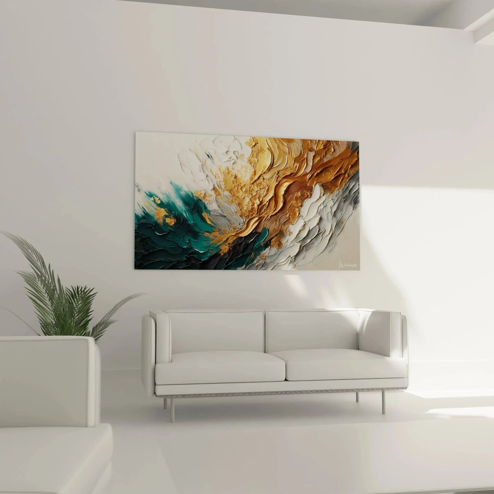 Nahaufnahme Wandbild Welle Textur, goldene Akzente und türkise Malerei Details