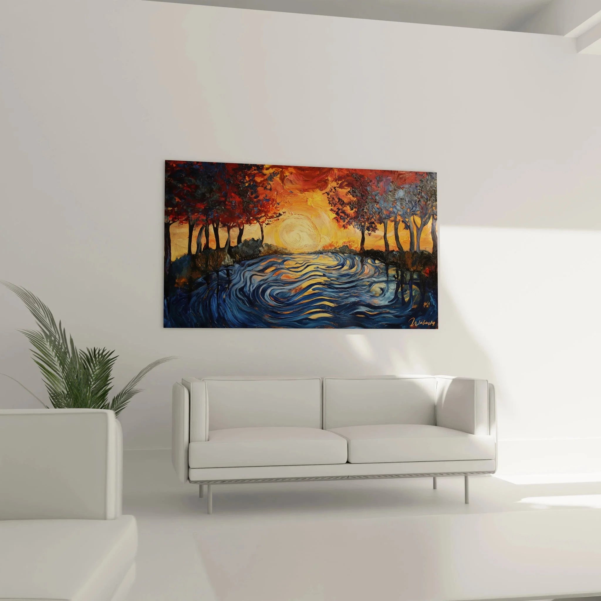 Nahaufnahme Wandbild wirbelnder Himmel mit warmen Herbstfarben und Baumsilhouetten