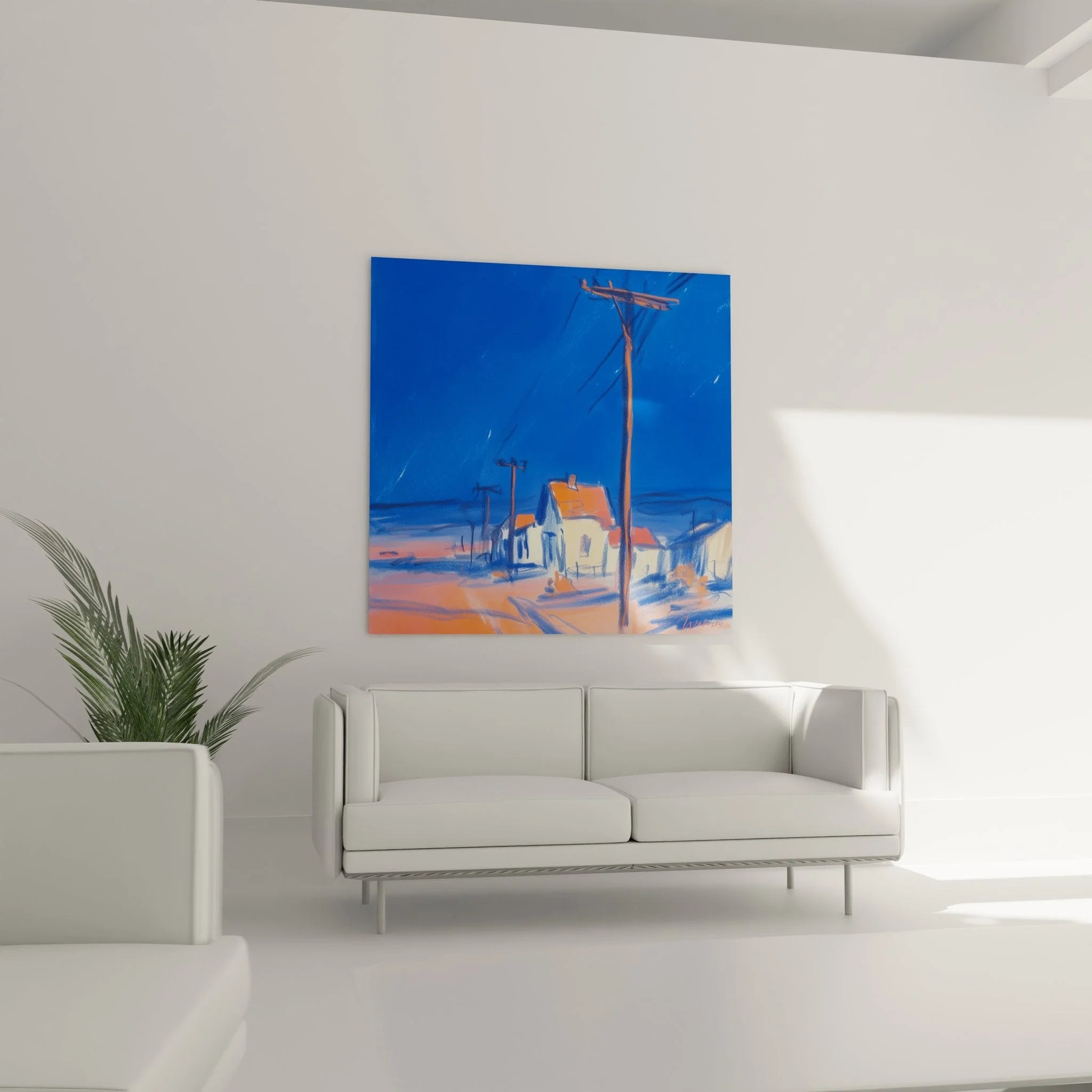 Nahaufnahme Wandbild Wüstenstadt, Details der roten Häuser und Stromleitungen in blauer Nacht