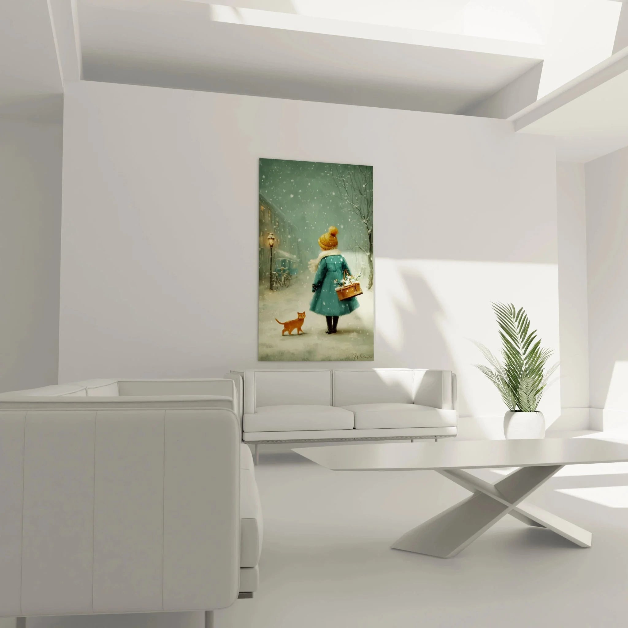 Nahaufnahme Wandbild Winter: Details der Frau mit gelber Mütze und Katze im Schnee